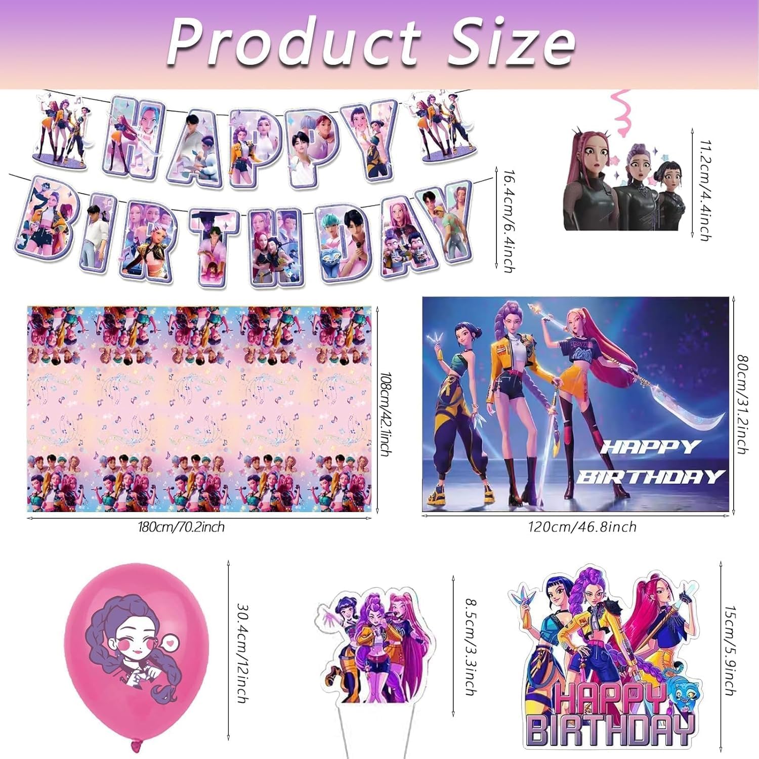 For K Pop Demon Hunters Party Supplies, 50 PCS Birthday Decorations Set Include Banner, Balloons,, Hanging Swirls, Cake Cupcake Toppers, Tablecloth for Boys Girls Hunters Theme Party — view 3