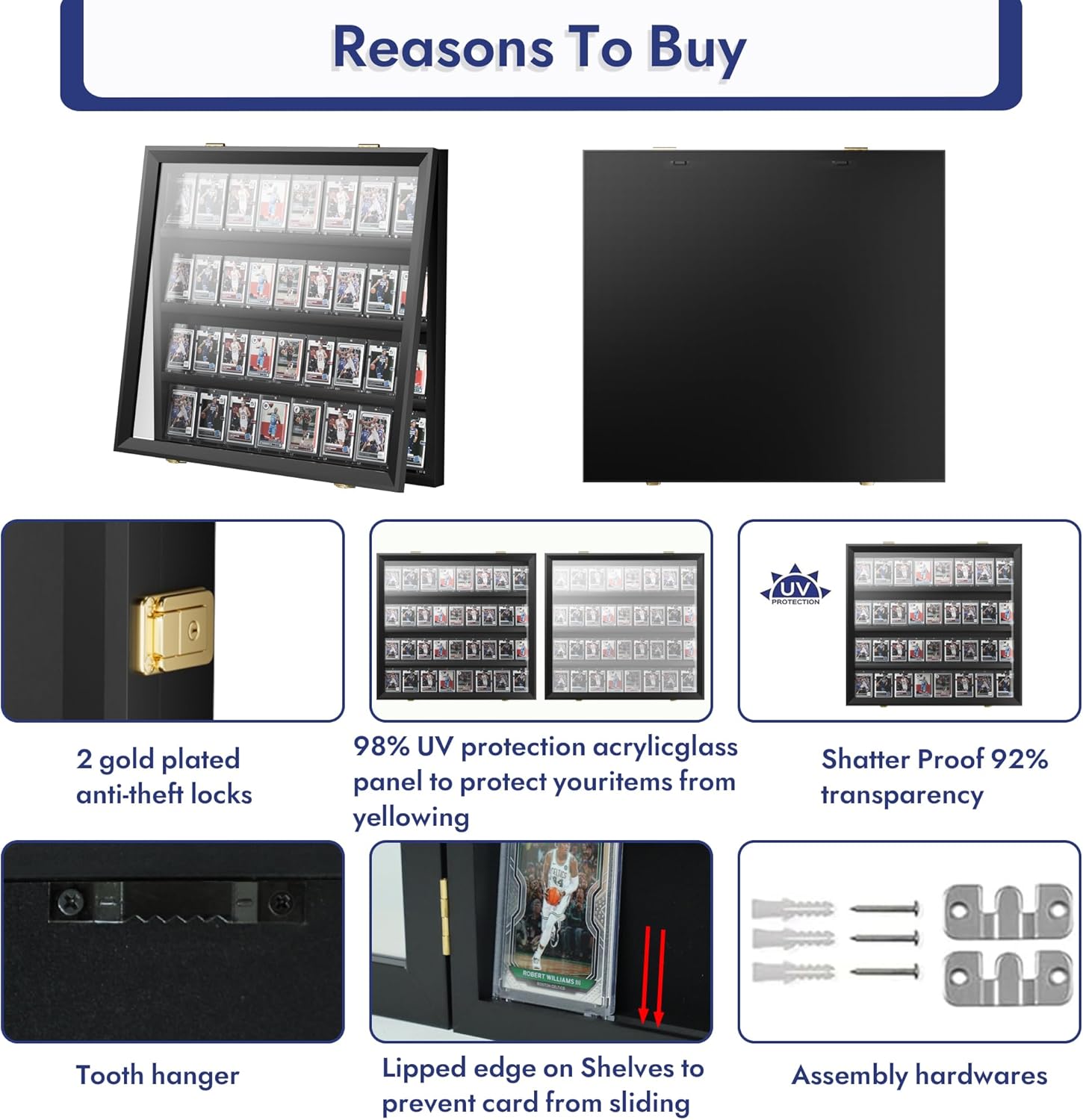 36 Graded Sports Card Display Case - Baseball Card Display Frame Lockable for, Football, Basketball, Hockey & Trading Cards - UV Protection & Clear Acrylic, Black - Image 7