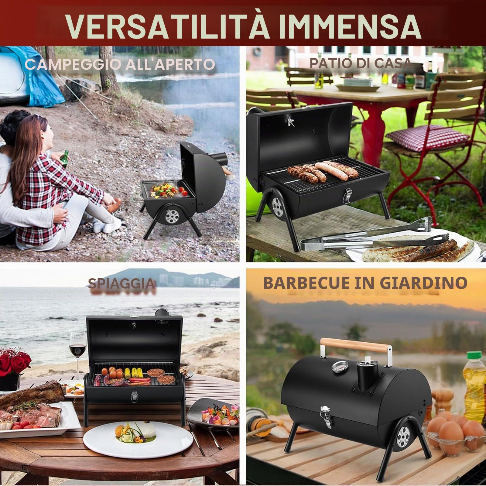 Barbecue a carbonella portatile da campeggio con coperchio, piccolo barbecue da tavolo con termometro, flusso d'aria regolabile e quantità di scarico, per cucina all'aperto, feste, campeggio, picnic