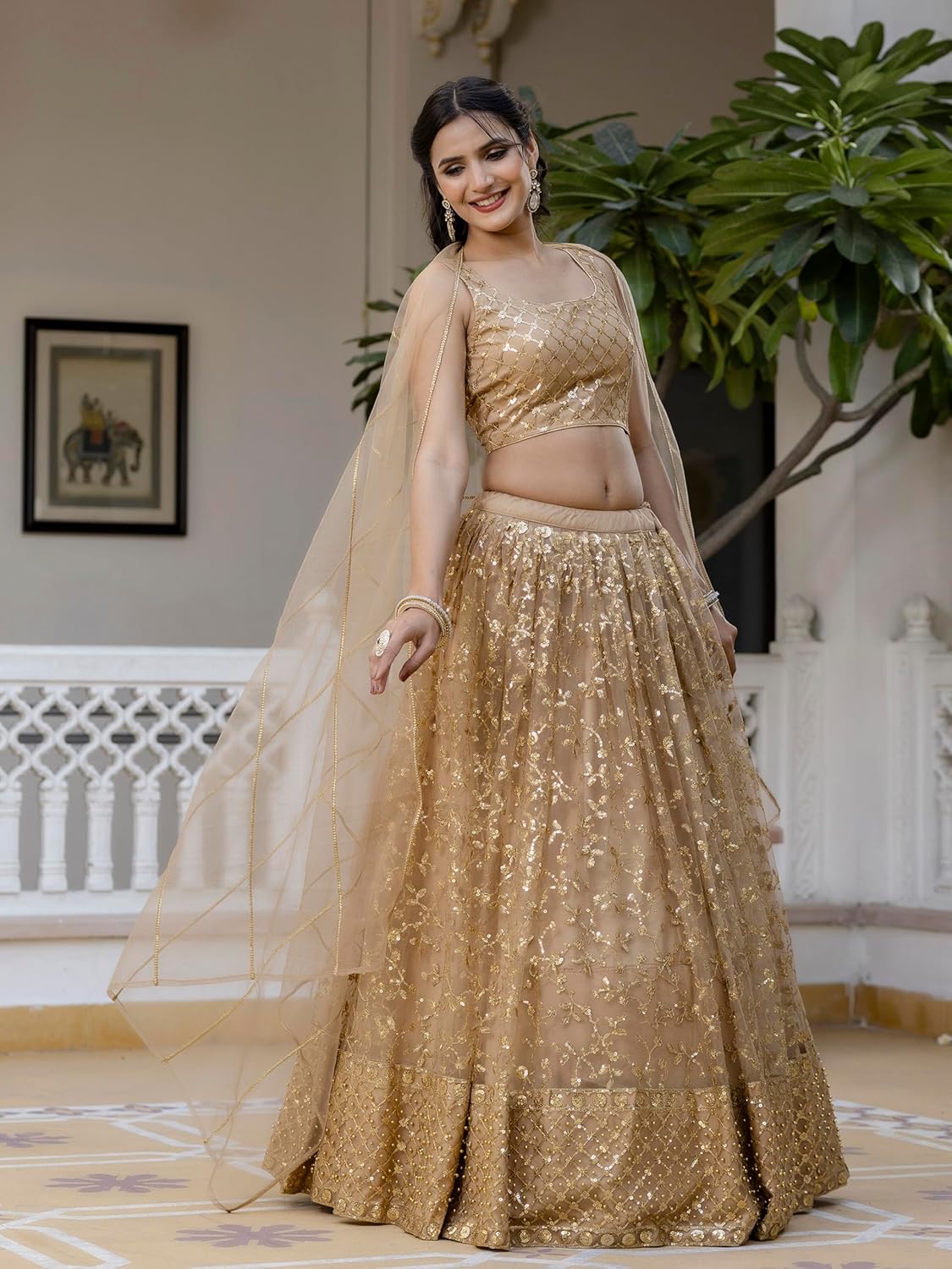 TRENDMALLS Women's Net Embroidery Sequence Work Lehenga Choli Blouse with Dupatta For Women Ready To Wear