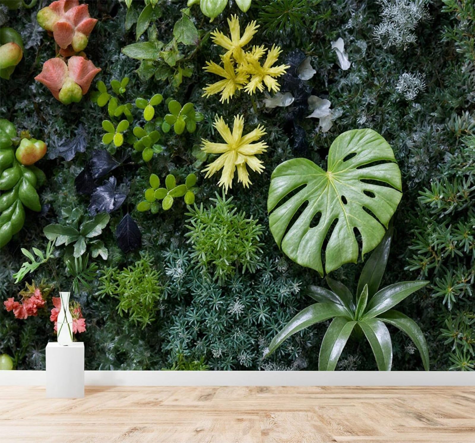 Tzxztt Fresh Green Tropical Plants Colourful Flowers Modern 3D Wallpaper Premium Textured Silk Neutral Tones Material Ideal for Living Room Bedroom-300cm×210cm