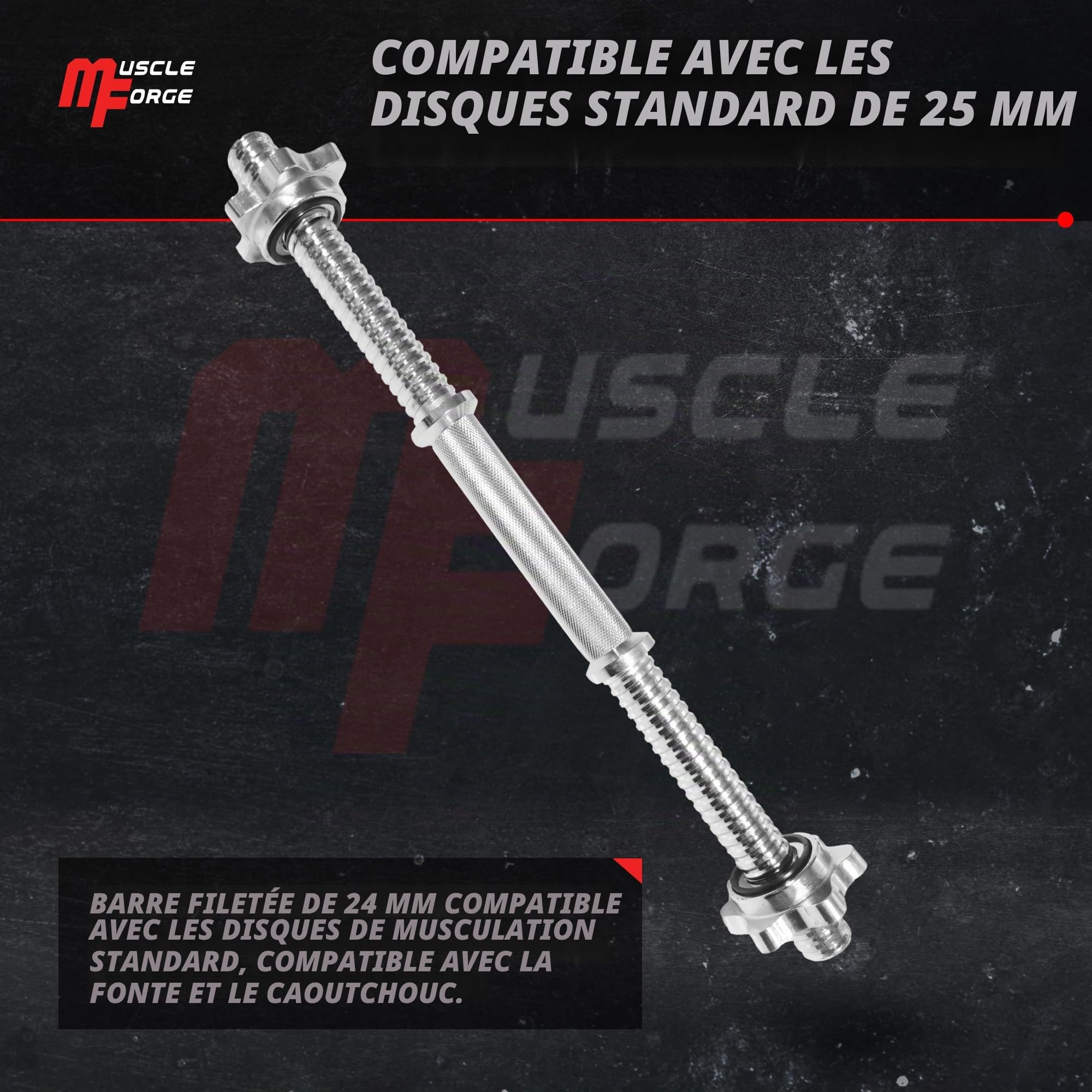 Barre d'haltères courte 45 cm chromée, poignée moletée antidérapante, 2 colliers étoiles – Tige filetée Ø 25-28 mm compatible disques fonte/caoutchouc – maison, curls, développé épaules