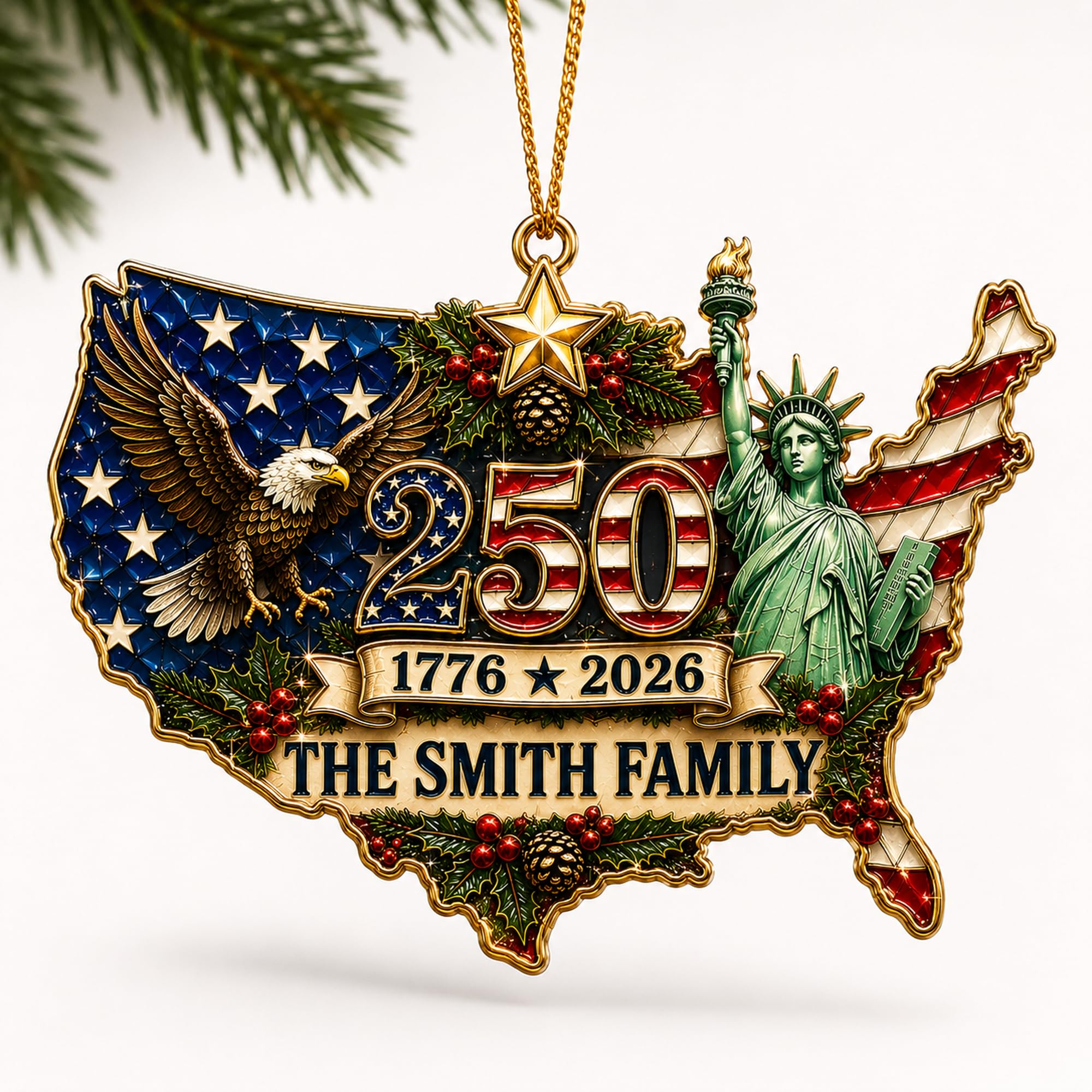 [Made in USA] Personalized 250th Anniversary USA Flat Acrylic Christmas Ornament, Custom Family Name USA Map Patriotic Ornament, 1776-2026 250 Years of Freedom Holiday Keepsake Gift