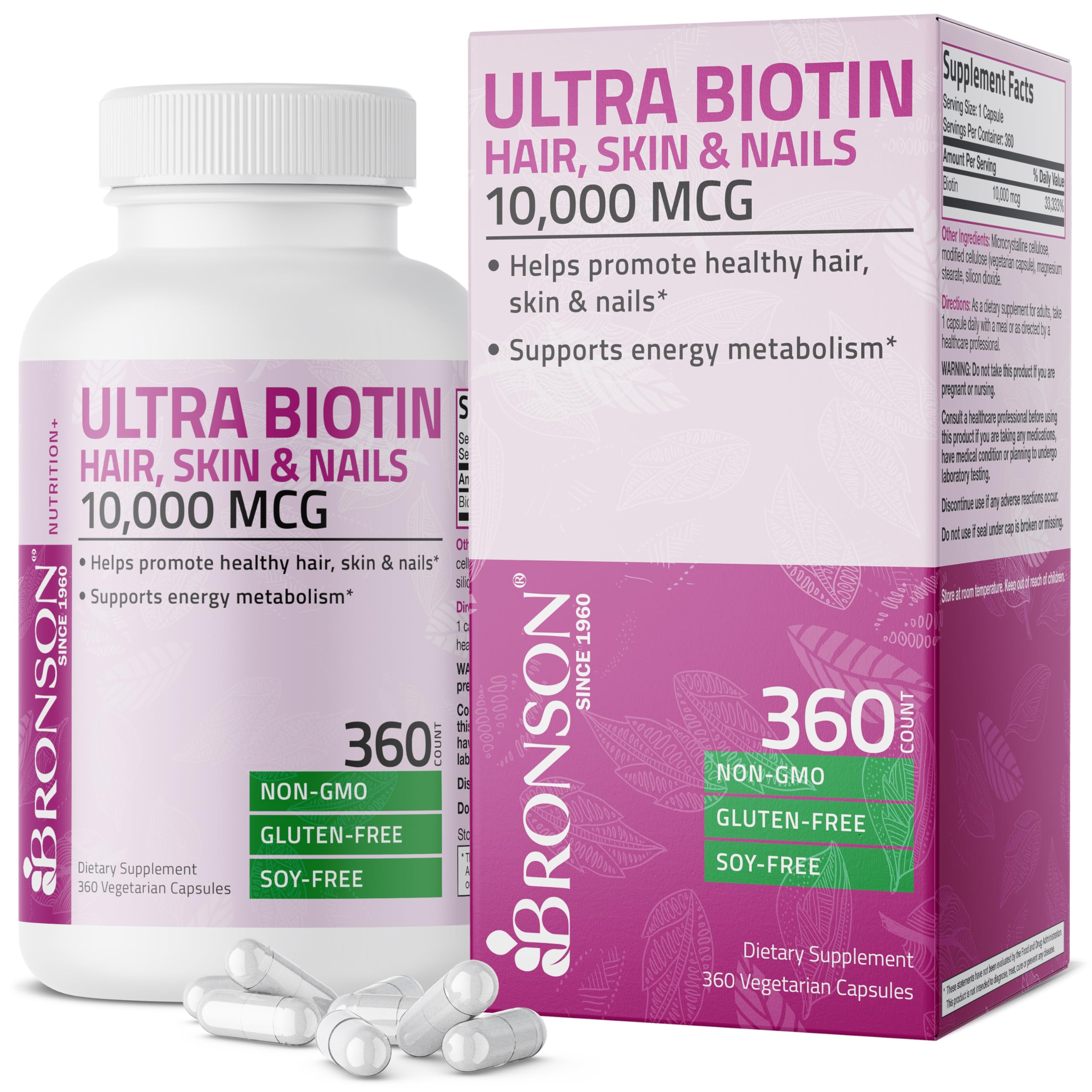 Bronson Ultra Biotin 10,000 mcg Hair, Skin & Nails, 360 Vegetarian Capsules 360 Count (Pack of 1)