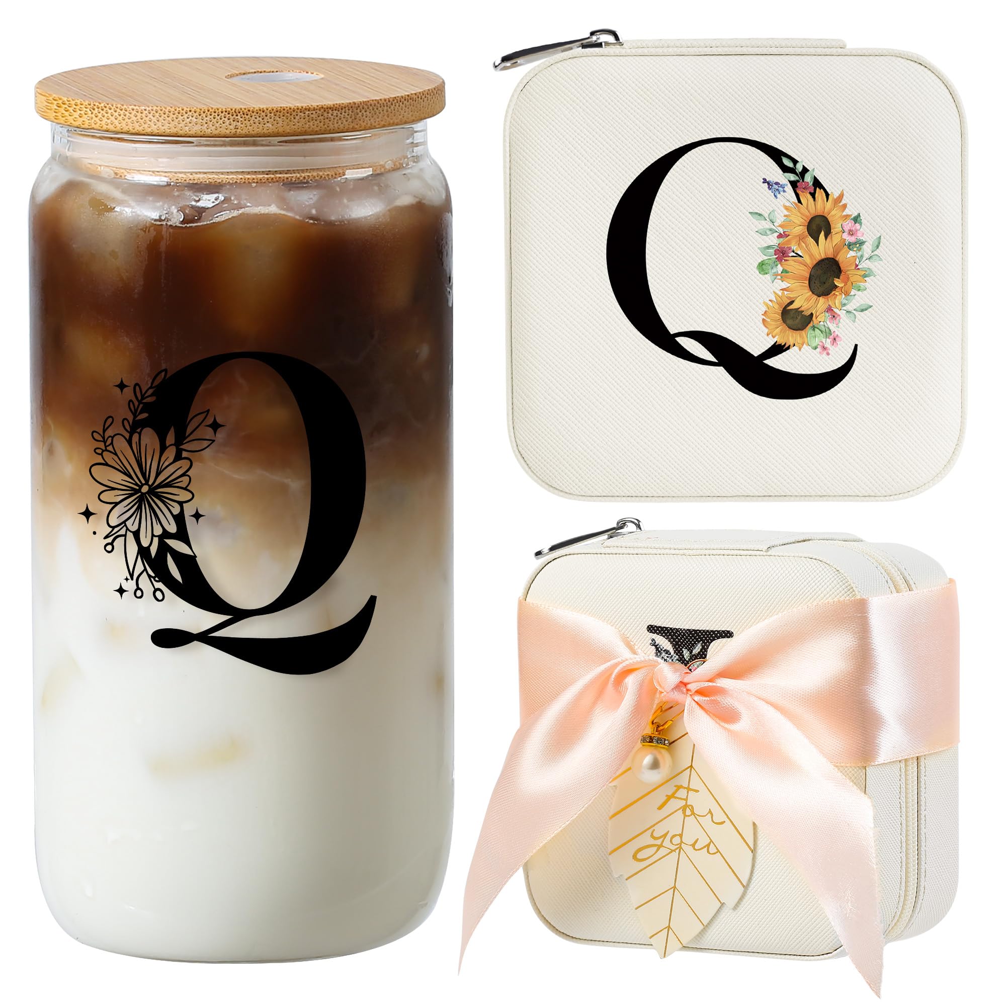 AYGXU Teacher appreciation gifts for women,glass cup with bamboo lid and straw,end of year teacher gifts,aesthetic cups,Travel Gifts for Teacher,best teacher appreciation gifts,Initial Q white