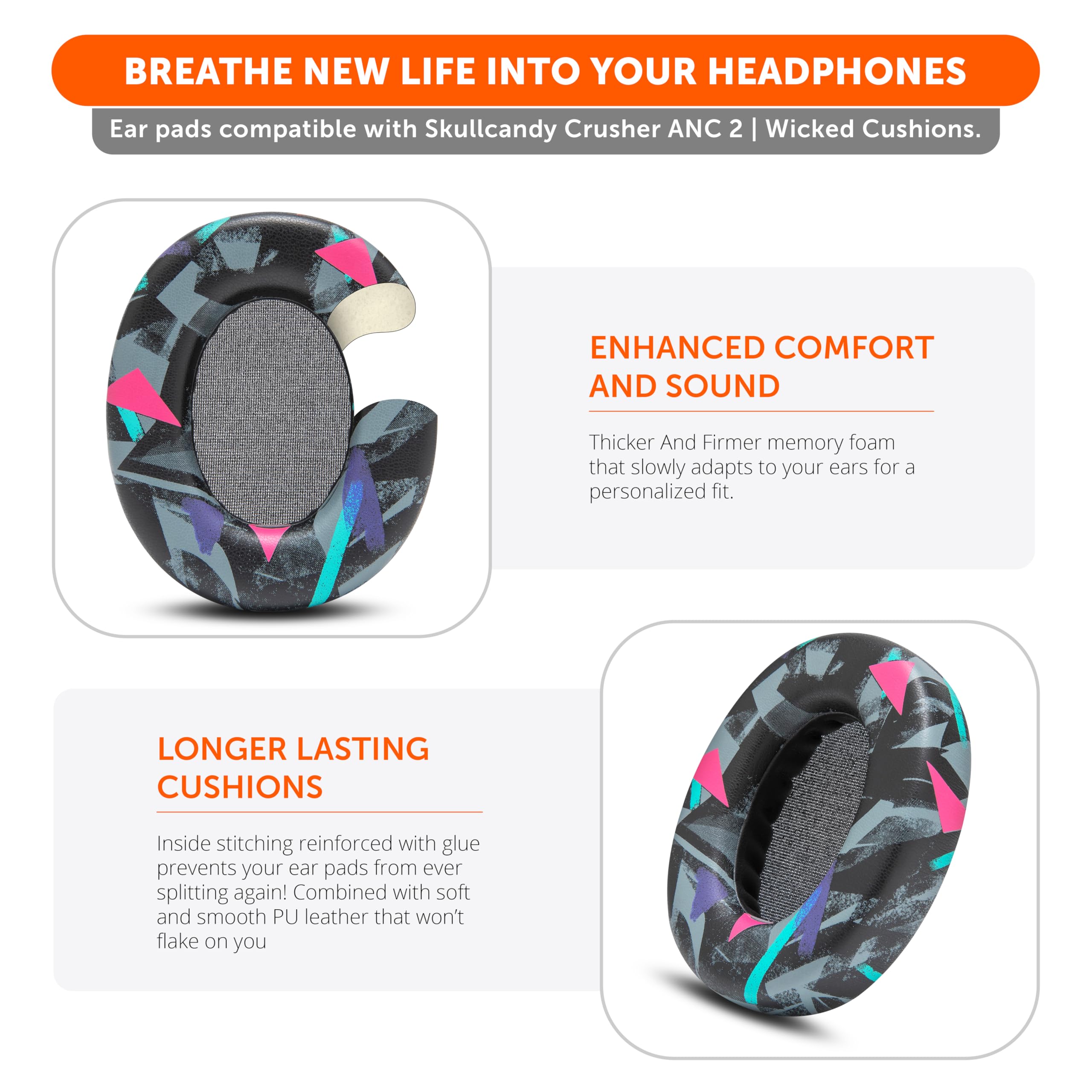 WC PadZ Crusher ANC 2 - Cuscinetti auricolari di ricambio di alta qualità per cuffie over-ear Skullcandy Crusher ANC 2 di Wicked Cushions | Comfort migliorato e isolamento acustico | 90's Black