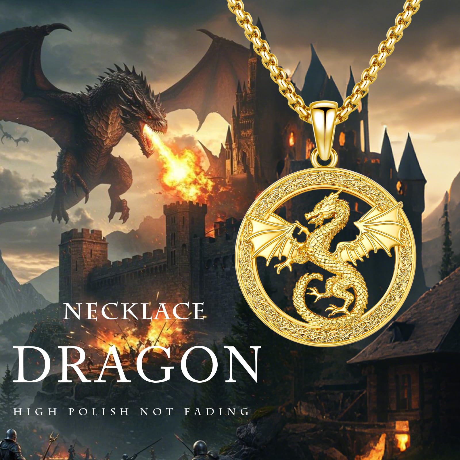 14K Gold Drachen Halskette, Keltischer Drache Anhänger, Wikinger Schmuck Geschenk für Vater, Papa, Vatertag, Geburtstag, Jahrestag, Unisex
