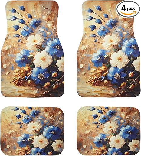 Universal Fit Car Floor Mats-Tech Cloth with Elegant Patterns, Gold Blue Blooms,Anti-Slip Rubber Bottom, Front (26.8x17.3in) & Rear (13x17.3in) Set,4PCS, Water-Resistant & Simple to Clean