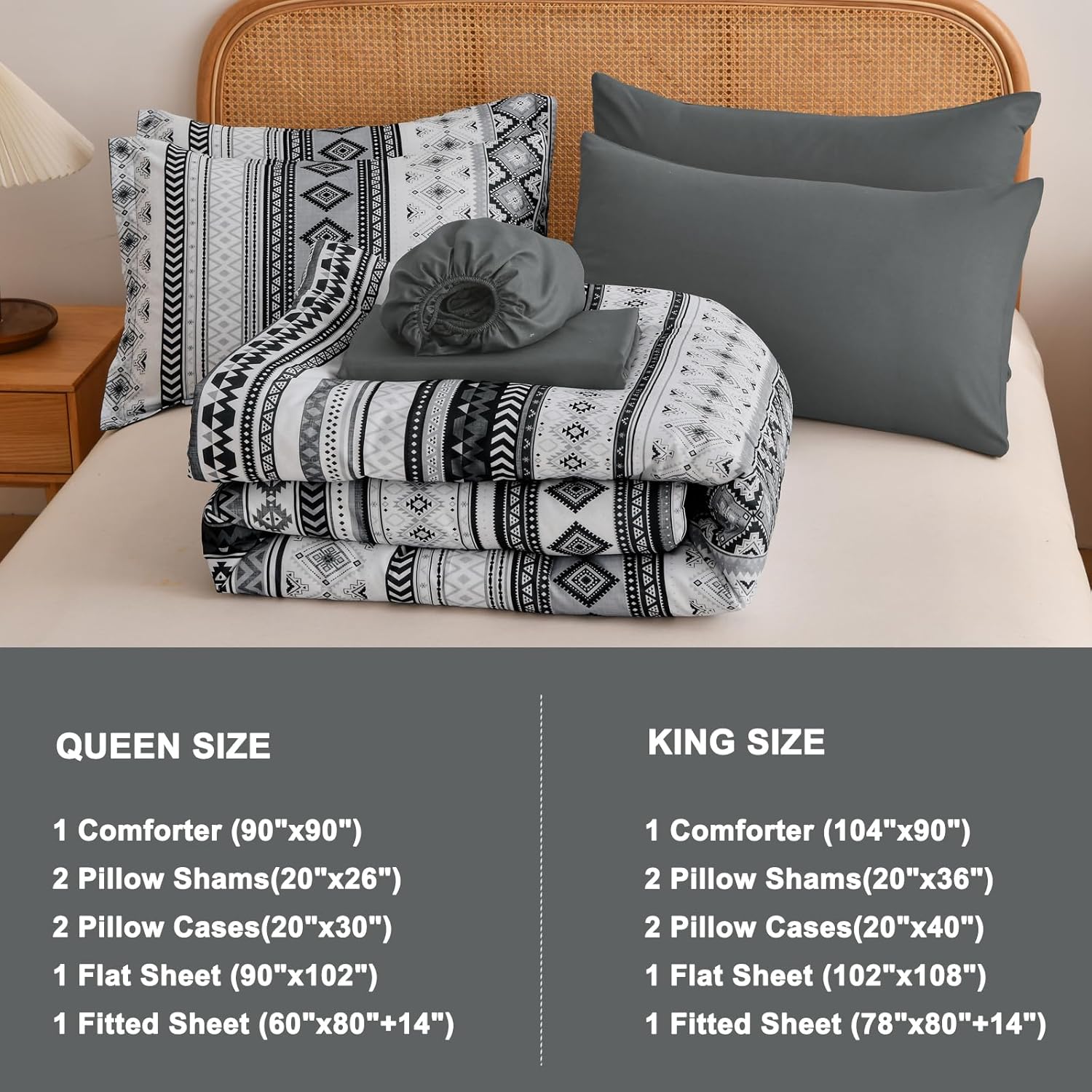 Mybedsoul Black Grey Boho Style Striped Comforter Set 7 Pieces, King Size Aztec Bed in a Bag, All-Season Bedding Set with Sheets & Pillow Shams, Bohemian Geometric Pattern
