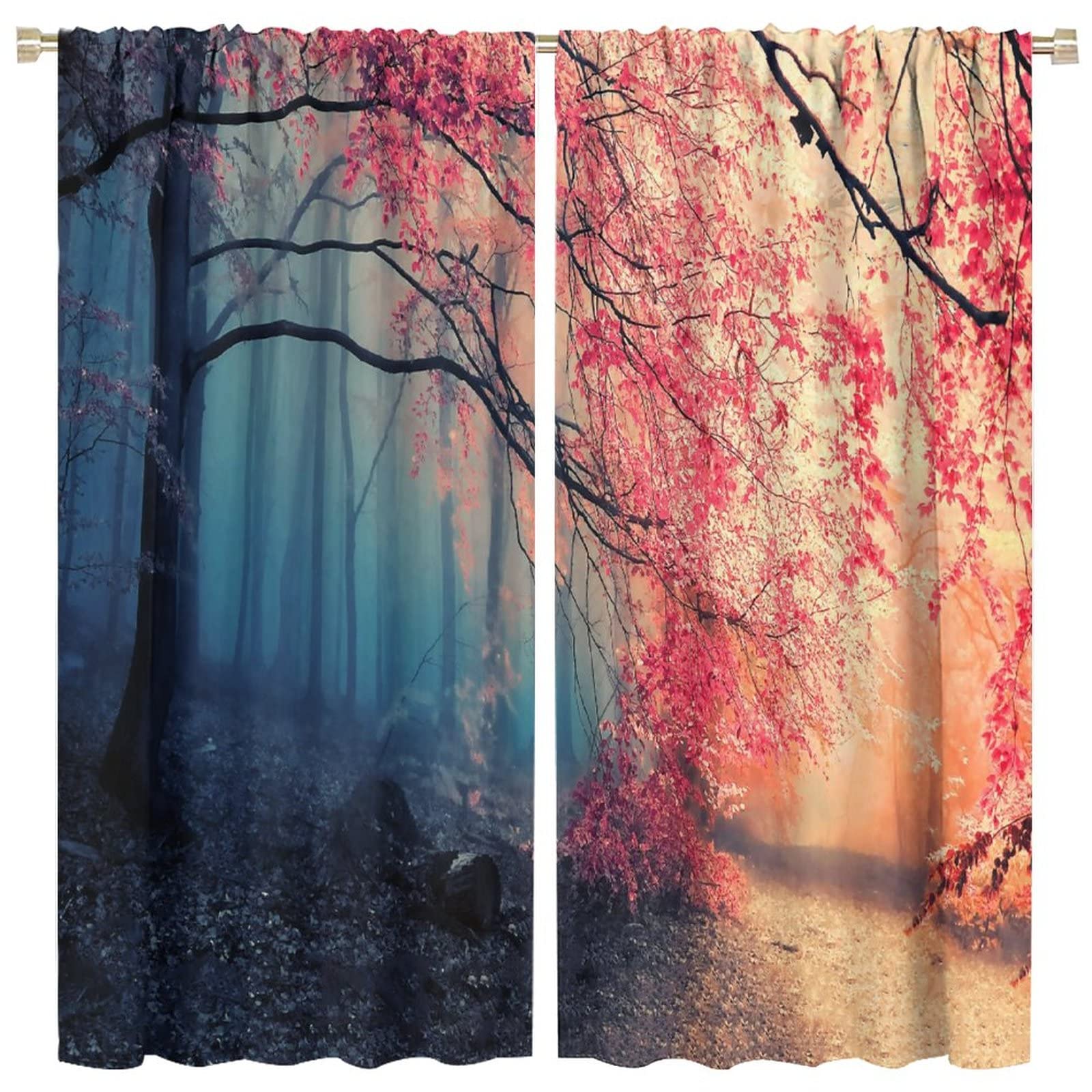 JESTRONRY Forest Kitchen Curtains,Misty Forest Landscape Print Pattern Blackout Window Door Curtains for Bedroom Living Room Home Decor,2 Panel Set W52xL84in
