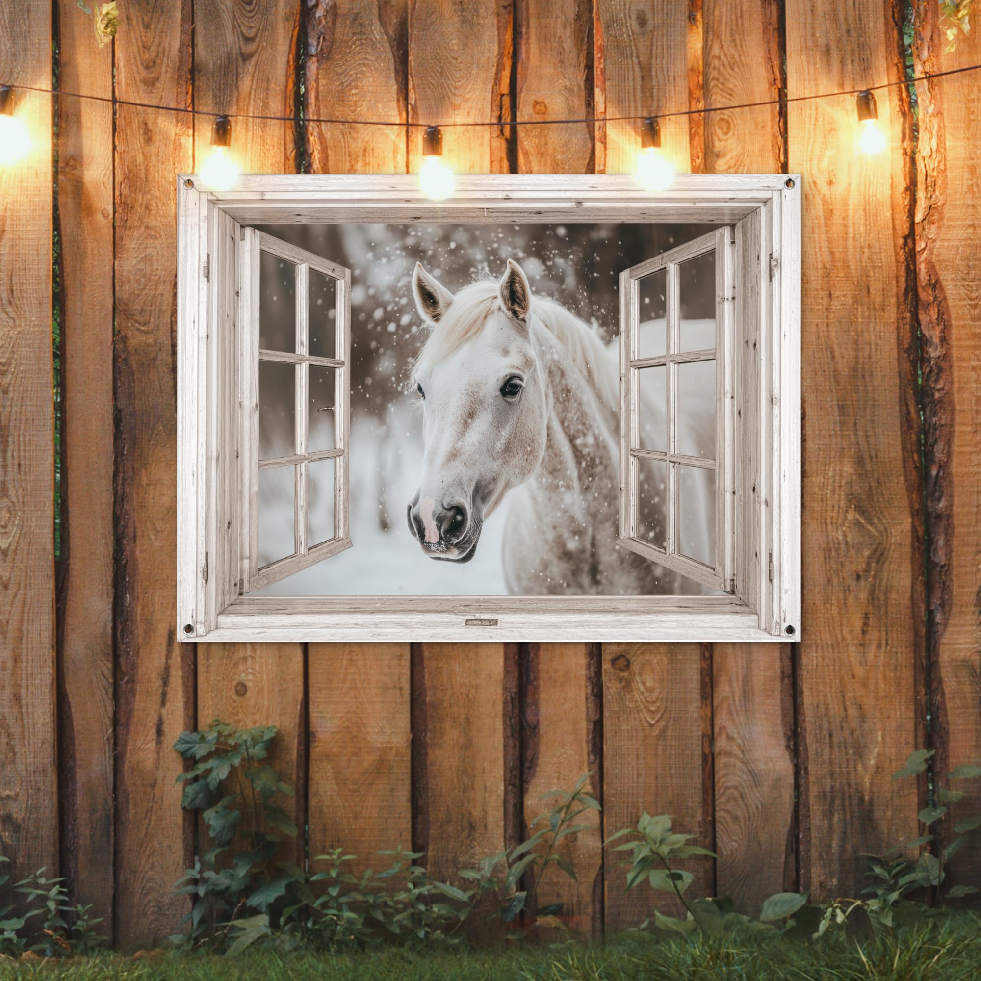 MuchoWow© Póster De Jardín Terraza Exterior Accesorios Jardin Decoracion | 120x90 cm - Pared Decorativa Balcon Wall Decoration Posters Decorativos Caballo - Blanco - Invierno - Nieve - Transparente