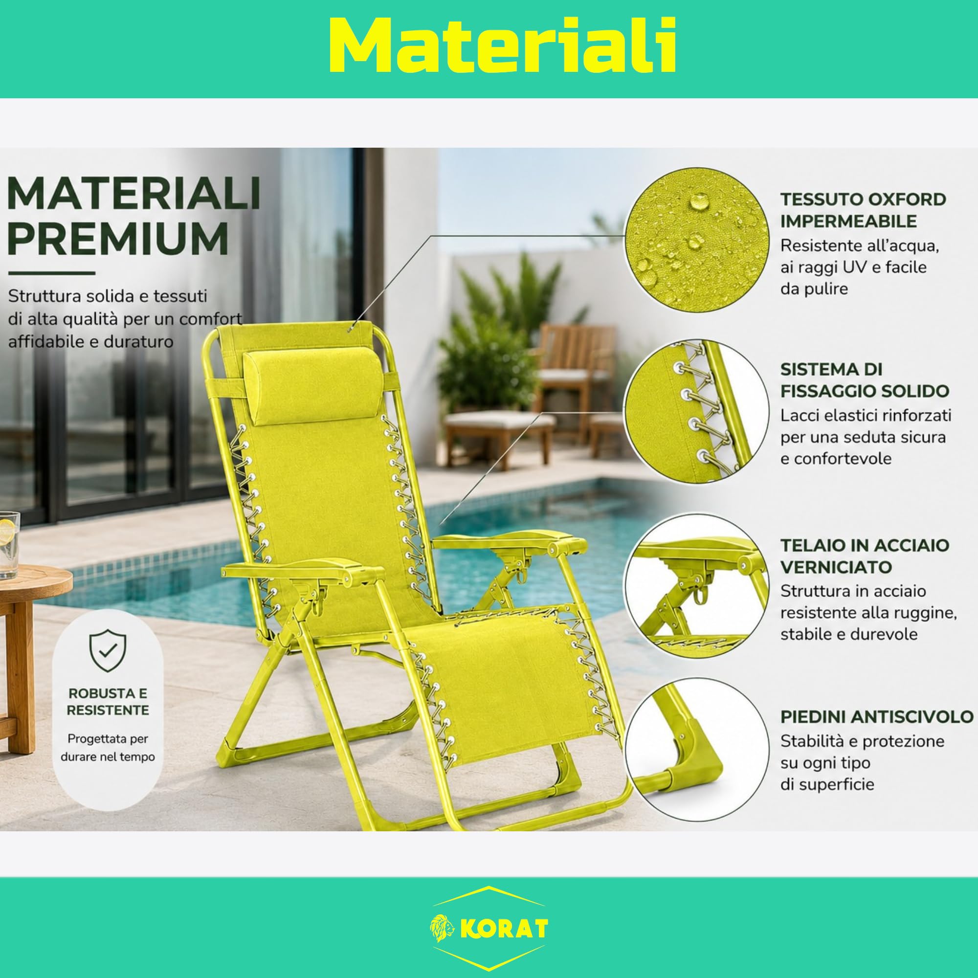 KORAT - Set 4 Sedie Sdraio Pieghevole Reclinabile Zero Gravity da Giardino e Spiaggia, con Poggiatesta e Braccioli, Struttura in Acciaio, Tessuto Oxford Impermeabile, 110x65x90 cm - Giallo Lime