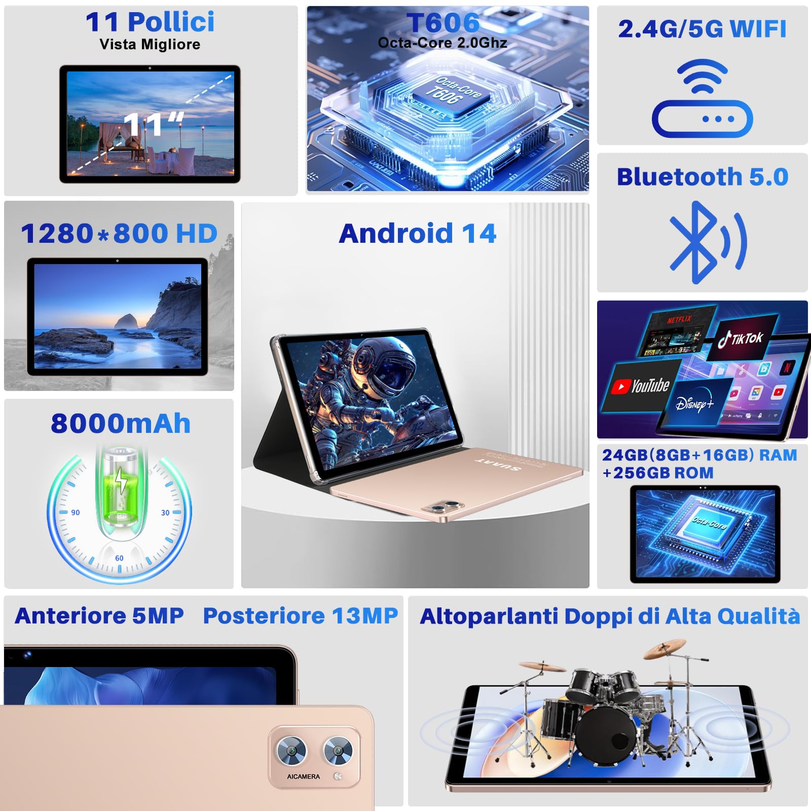 2025 Tablets Android 14 11 Pollici 24GB RAM+256GB ROM(1TB TF), Octa-Core,2.0Ghz , WiFi5G+2.4G, GPS,8000 mAh, 5MP + 13MP,Bluetooth5.0,Widevine L1,Cast, Tablet PC con Custodia, tablet in offerta, Oro