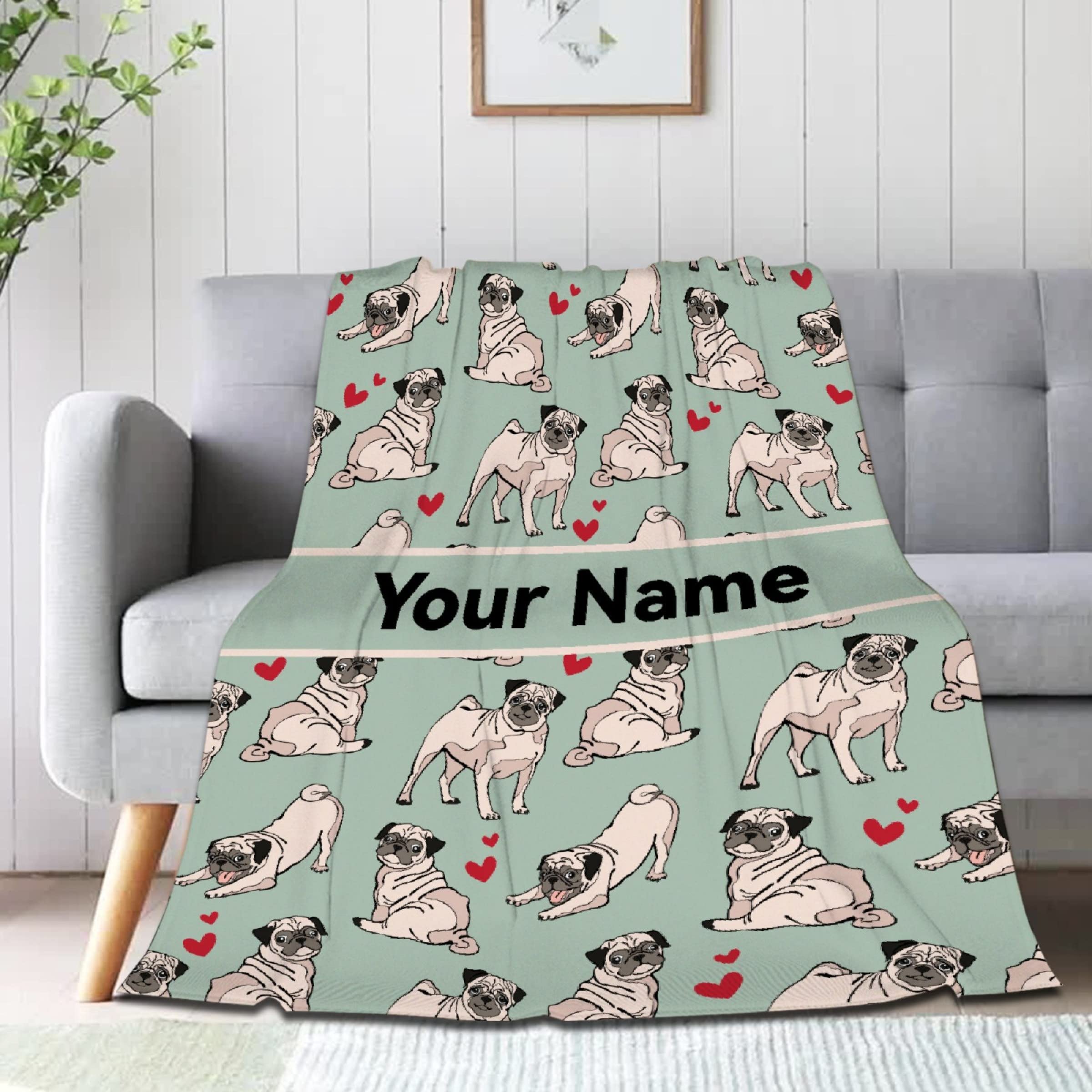 ARAHANT Personalized Pug Blanket with Name for Girl and Boy, Cute Pug Custom Text Throw Blanket, Good Birthday Gift, 50