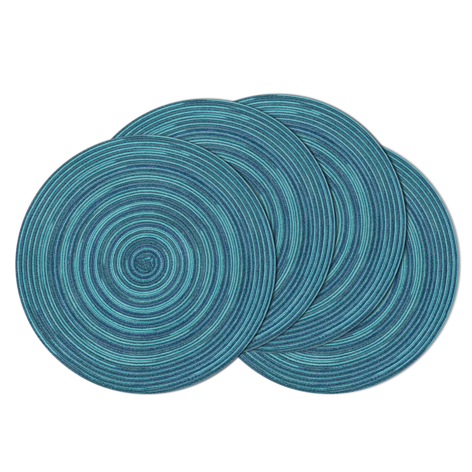 SHACOS 15 inch Round Placemats Set of 4 Variegated Multicolor Place Mats Cotton Polyester Braided Non Slip Washable Heat Resistant Table Mats for Home Wedding Dinner Party Table Decor, Rainbow Teal