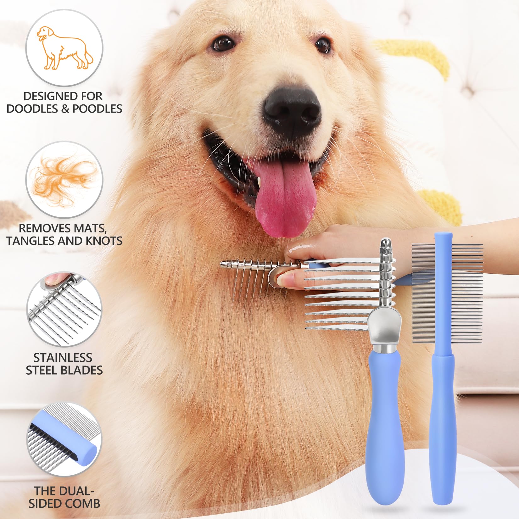 Peine desenredante para garabatos de caniche Goldendoodle, rastrillo de desenredar y desenredar, herramienta de peine de doble cara para perros y gatos de pelo largo y rizado, kit de cepillo de aseo