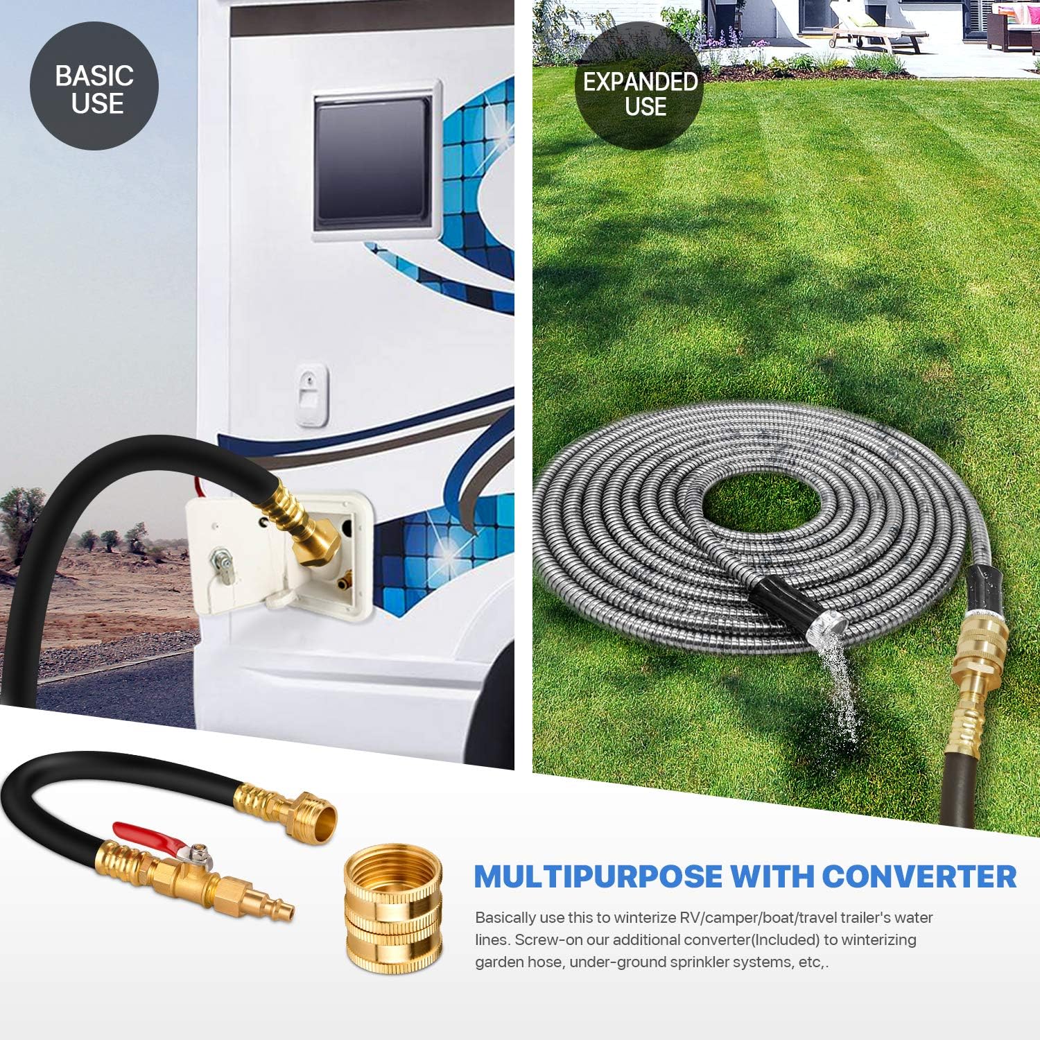 Dual Purpose RV Winterizing Kit with Air Adjusting Valve, 17Inch Hose Blow Out Fitting Adaptor 3/4" Male&Female GHT Quick Connect Blowout Plug for Winterizing RV, Camper, Travel Trailer, Garden Hose