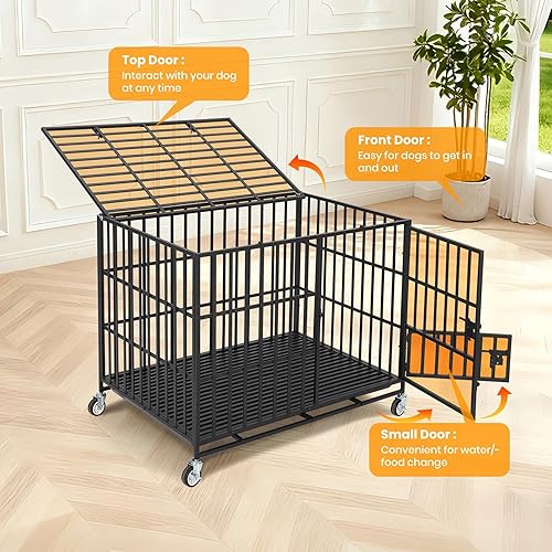 Miniatura 4 de Heavy Duty Proof Dog Crate - XL Metal Kennel with 3 Doors, Removable Tray & Wheels, Secure Indestructible Indoor Cage for LargeMedium Dogs, Black -