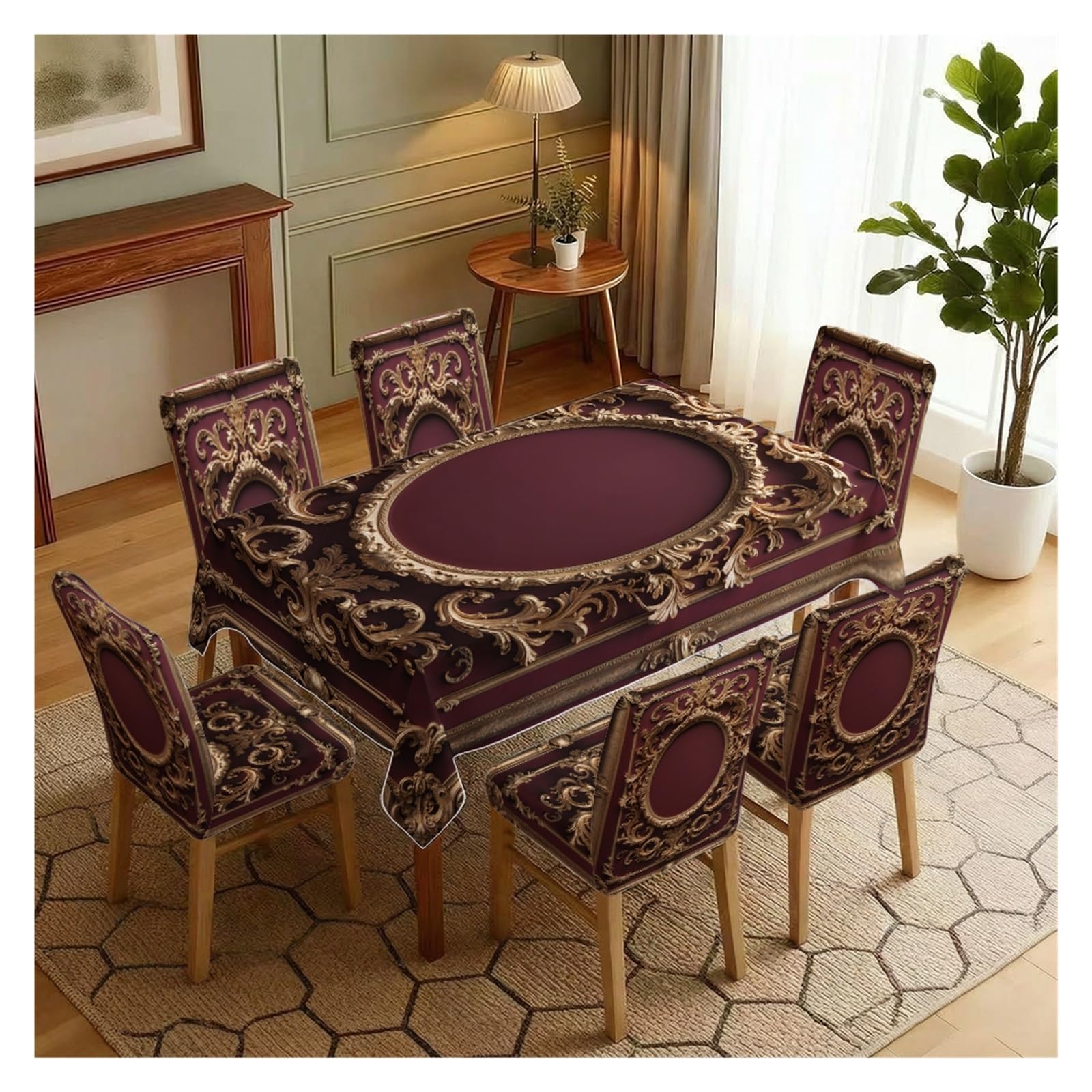 BOSUYBN Burgundy Red Gold Baroque Ornate Frame Printed Dining Tablecloth & Chair Covers Set, 5/7 Piece Luxury Royal Victorian Classic Dining Decor Table Setting(7pcs Set: Tablecloth+Chair Covers)