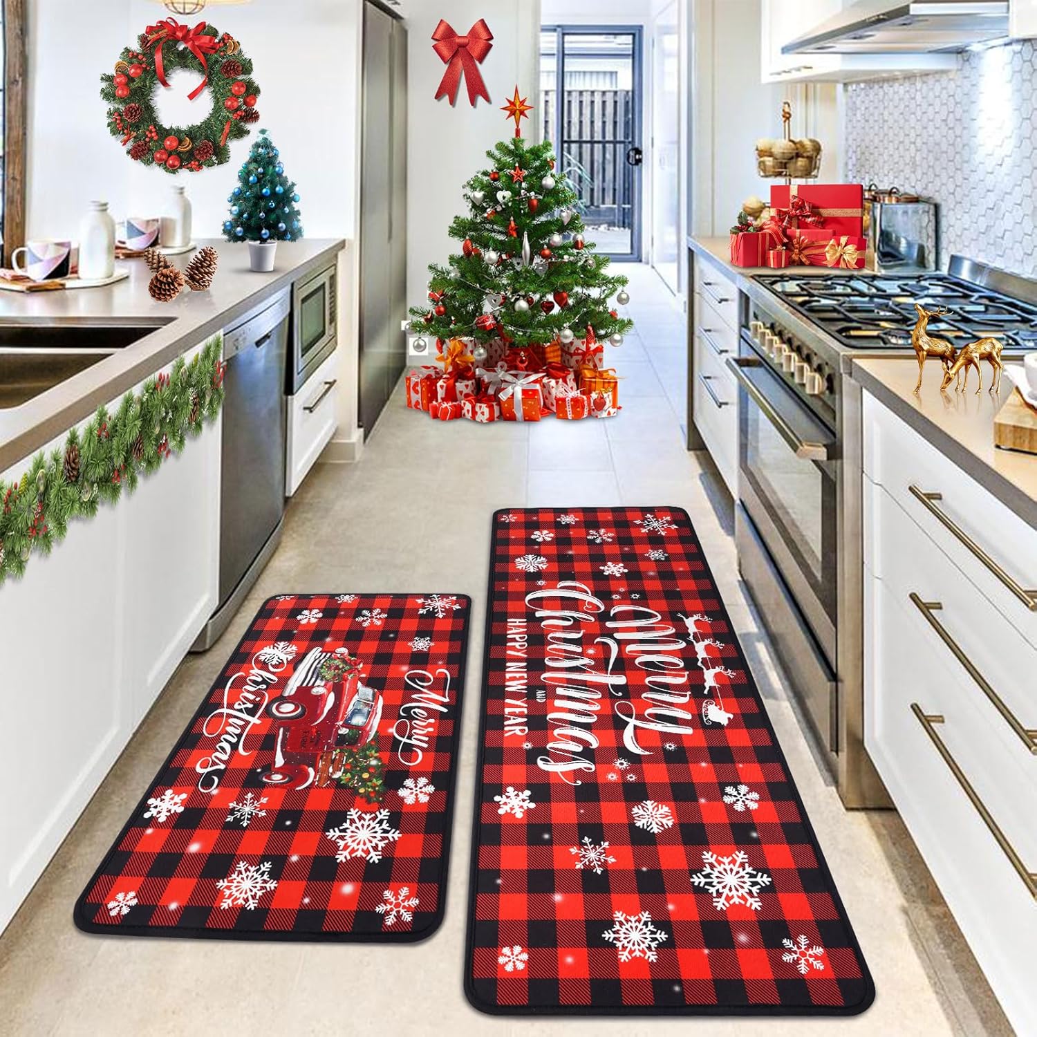 Voanos Buffalo Plaid Christmas Kitchen Decor - Red Truck Xmas Decorations for Bathroom,Floor,Living Room,Doorway 17"x30"+17"x47"