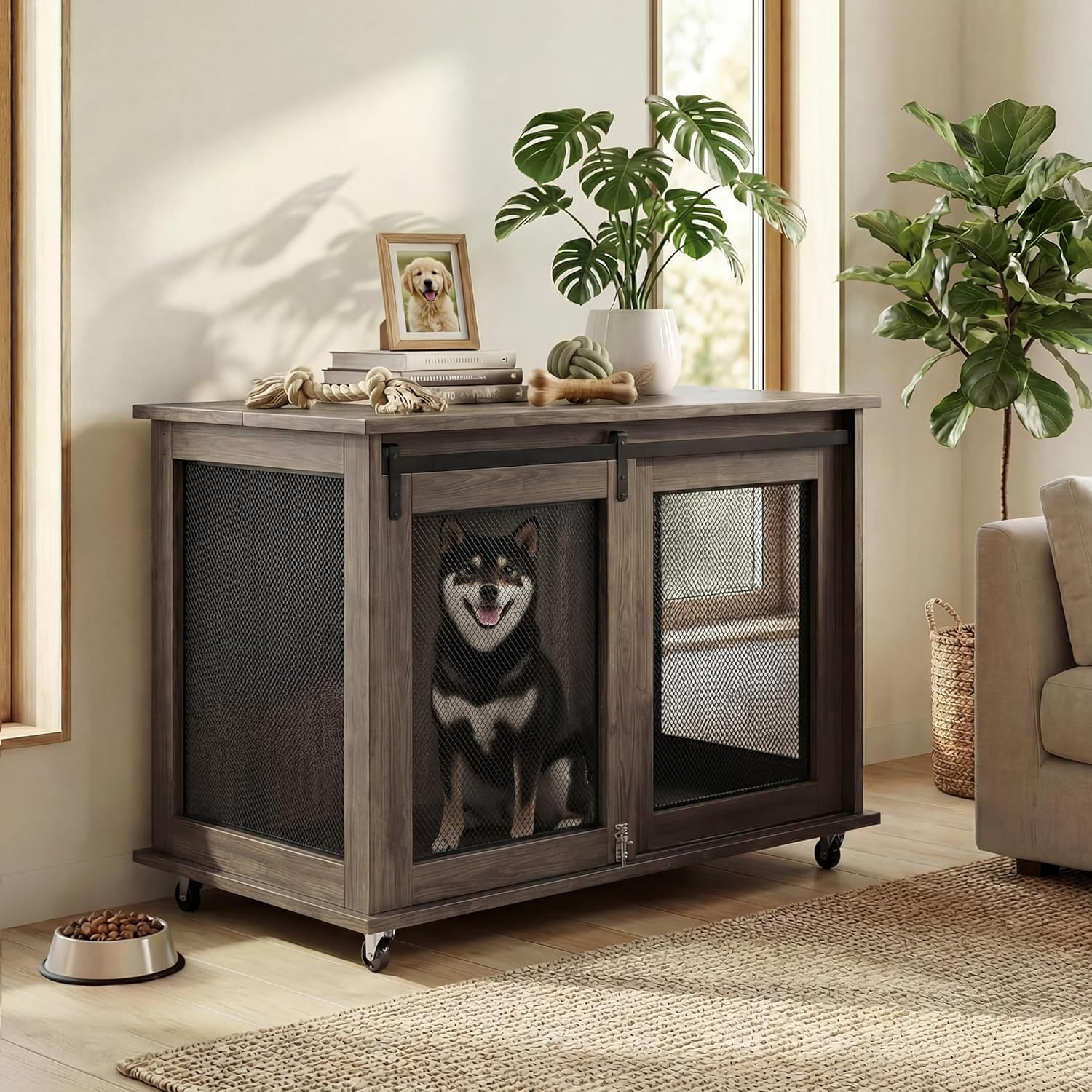 LINLUX 40 Inch Dog Crate Furniture, Wooden Heavy Duty Dog Kennel Indoor, Decorative Dog Cage Table for Large Medium Dogs, with Sliding Doors, Wheels and Flip-top Plate
