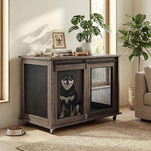 LINLUX 40 Inch Dog Crate Furniture, Wooden Heavy Duty Dog Kennel Indoor, Decorative Dog Cage Table for Large Medium Dogs, with Sliding Doors, Wheels and Flip-top Plate