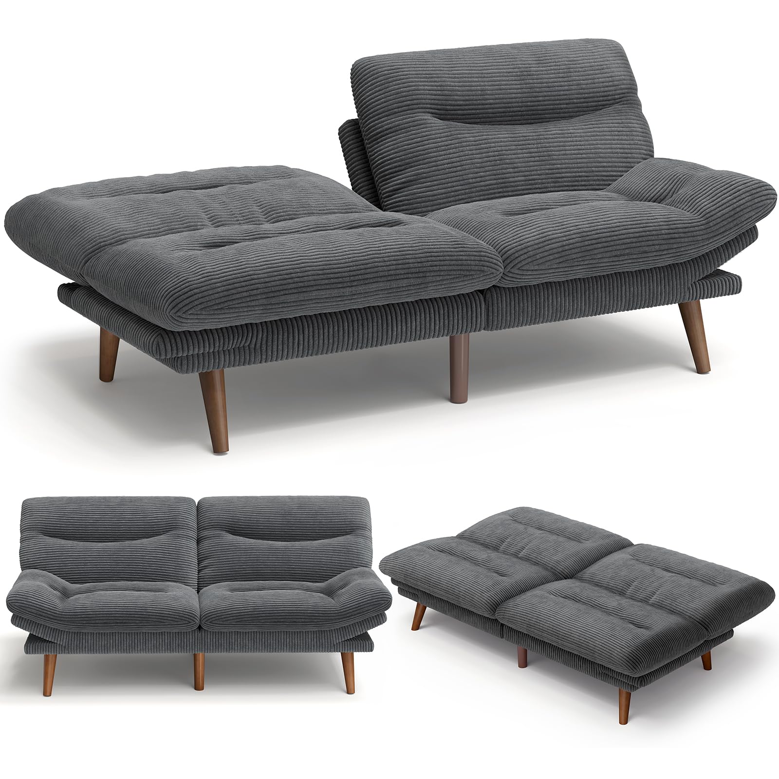 Amada 66" Convertible Futon Sofa Bed, Corduroy Folding Futon Set with Adjustable Backrest &Armrests, Recliner Lounge for Living Room, Apartment or Office, Solid Wood Frame, Loveseat Sofa - Grey