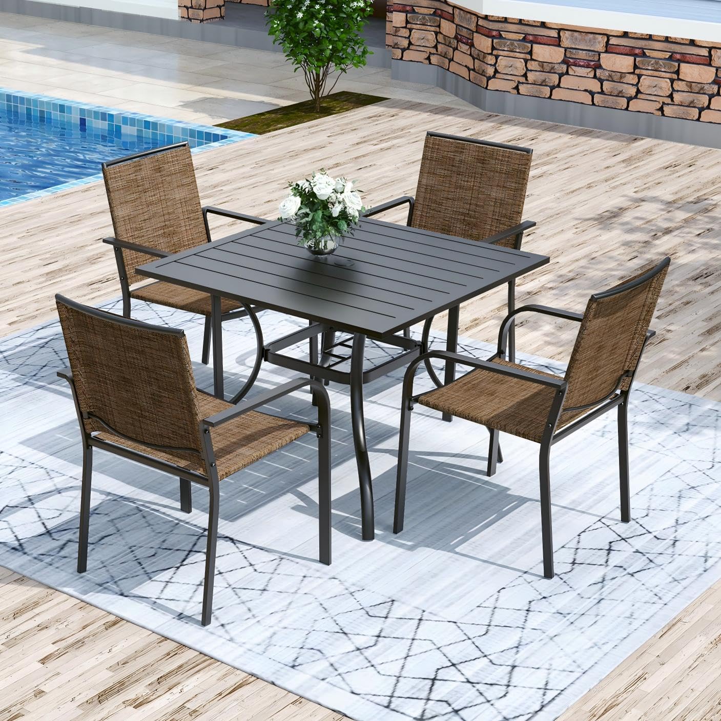 Anmutig 5 Piece Patio Dining Set, 35" Square Table &amp; Stackable Chairs Brown