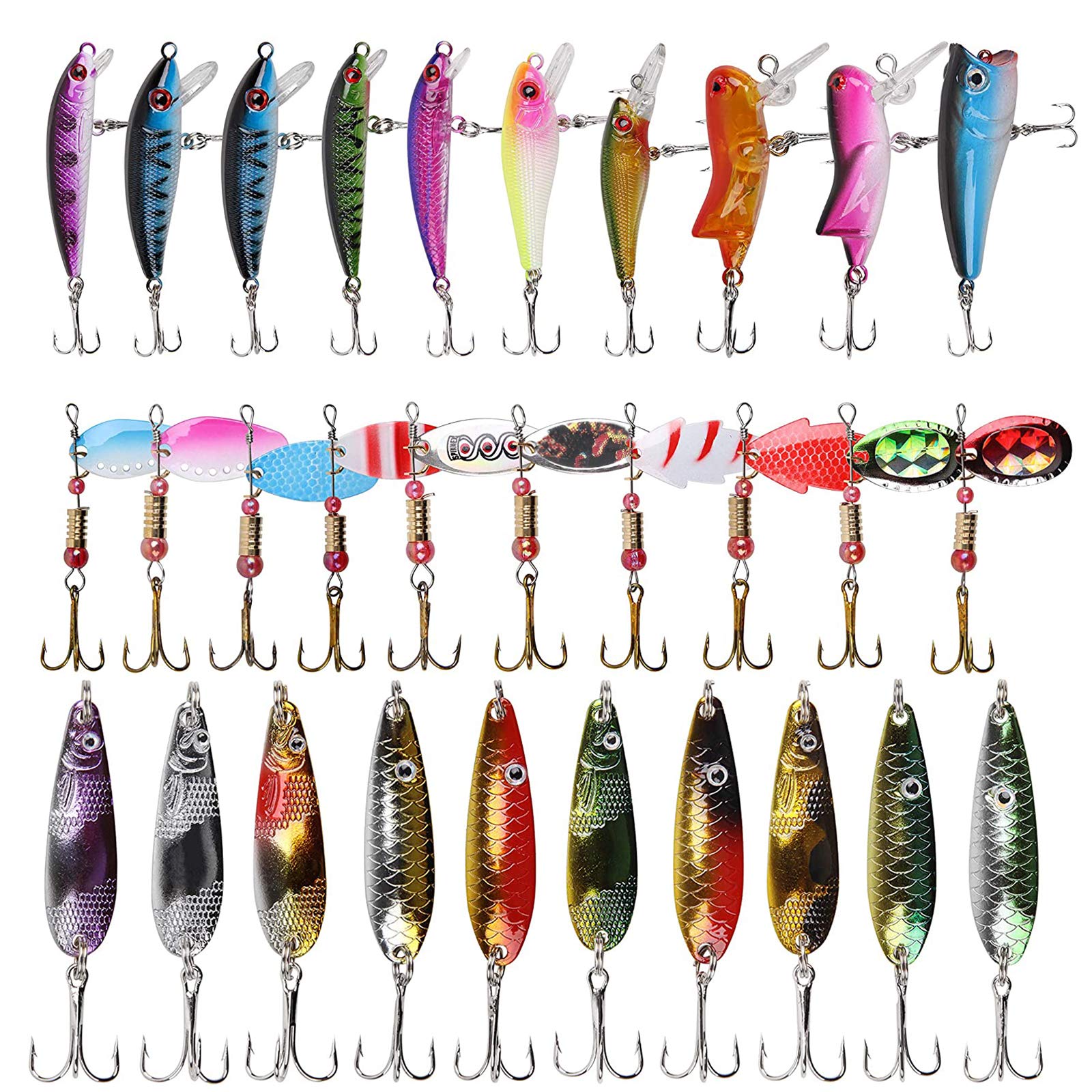 EwoleeFishing Lures Set, 30pcs Colorful Metal Casting Fishing Spinner Baits Spoon Metal Lures Minnow lures Sharp Treble Hooks Tackle Kit for Trout Salmon Bass