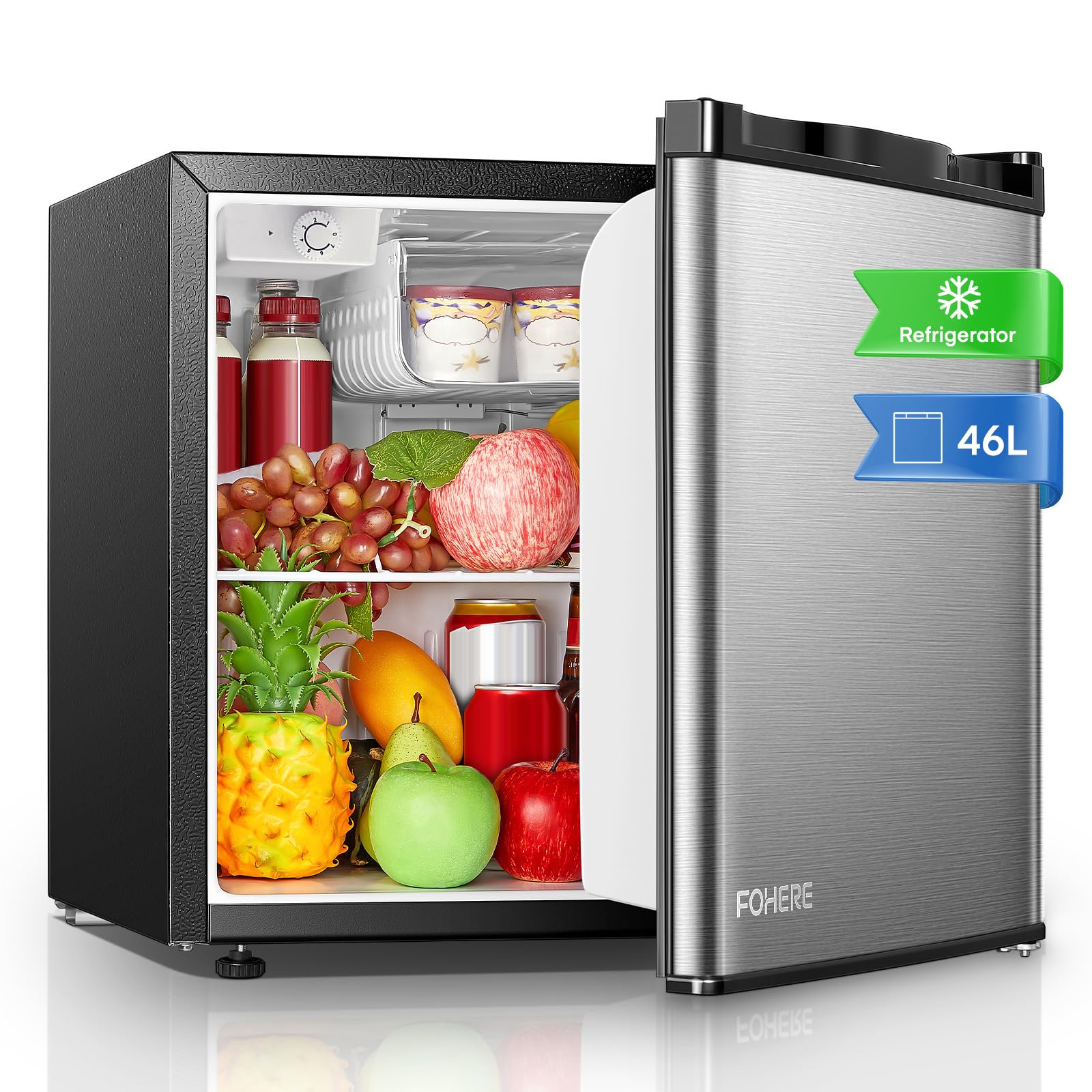 FOHERE Mini Kühlschrank 46L, Kühlschrank klein mit 7-Stufen Thermostat, umkehrbarer Tür, Ultra-Leise, Energieeffizienter Kompaktkühlschrank für Schlafzimmer, Büro, Wohnheim, Edelstahl