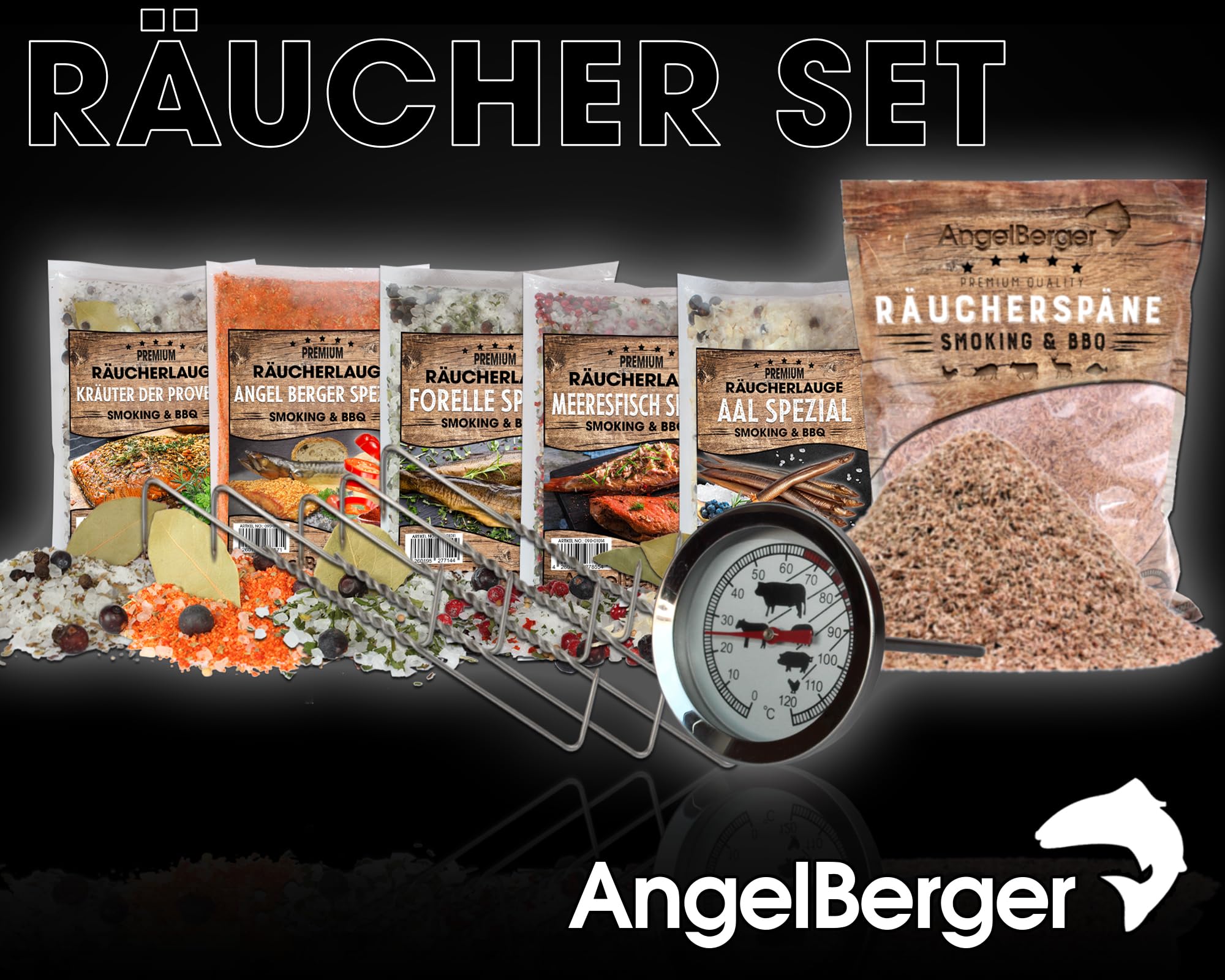 Angel-Berger Räucherset Räucherpaket Geschenk Räuchern Räucherlauge Räuchermehl Räucherhaken Räucherthermometer