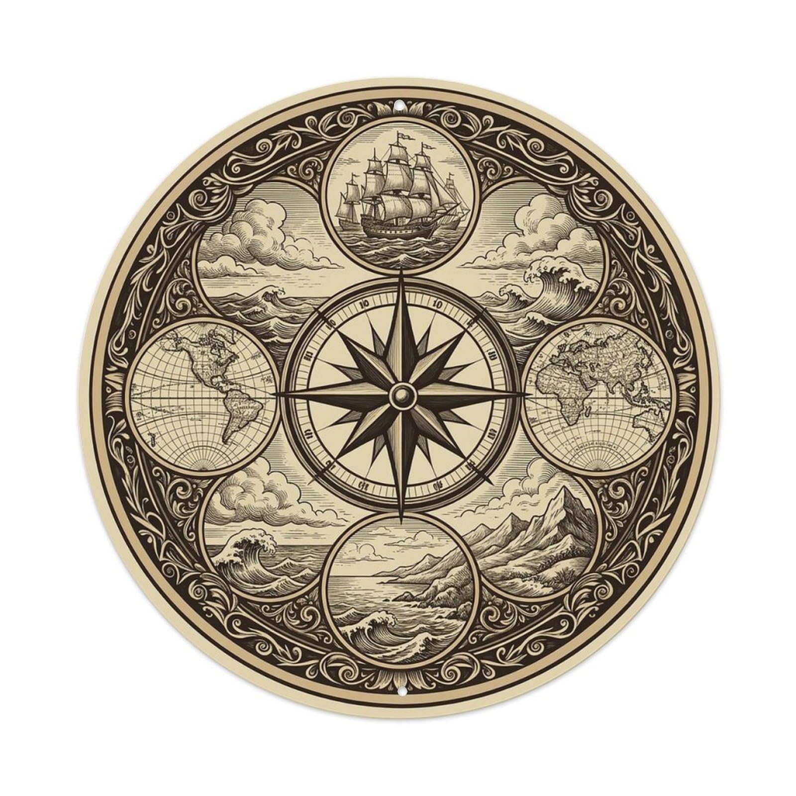 Vintage Nautical Compass World Map Coastline Legacy Metal Tin Sign