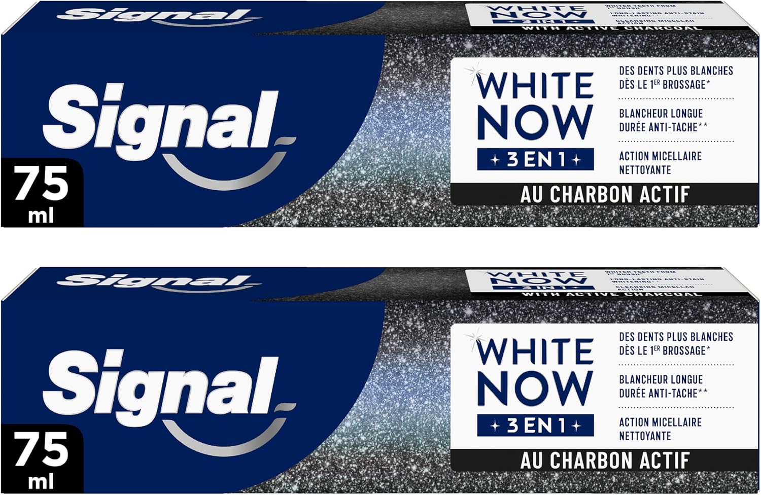 Signal White Now 3-in-1 Toothpaste – White Boost – Activated Carbon – Long-Lasting Whiteness Anti-Stain – Cleansing Micellar Action – 2 x 75 ml