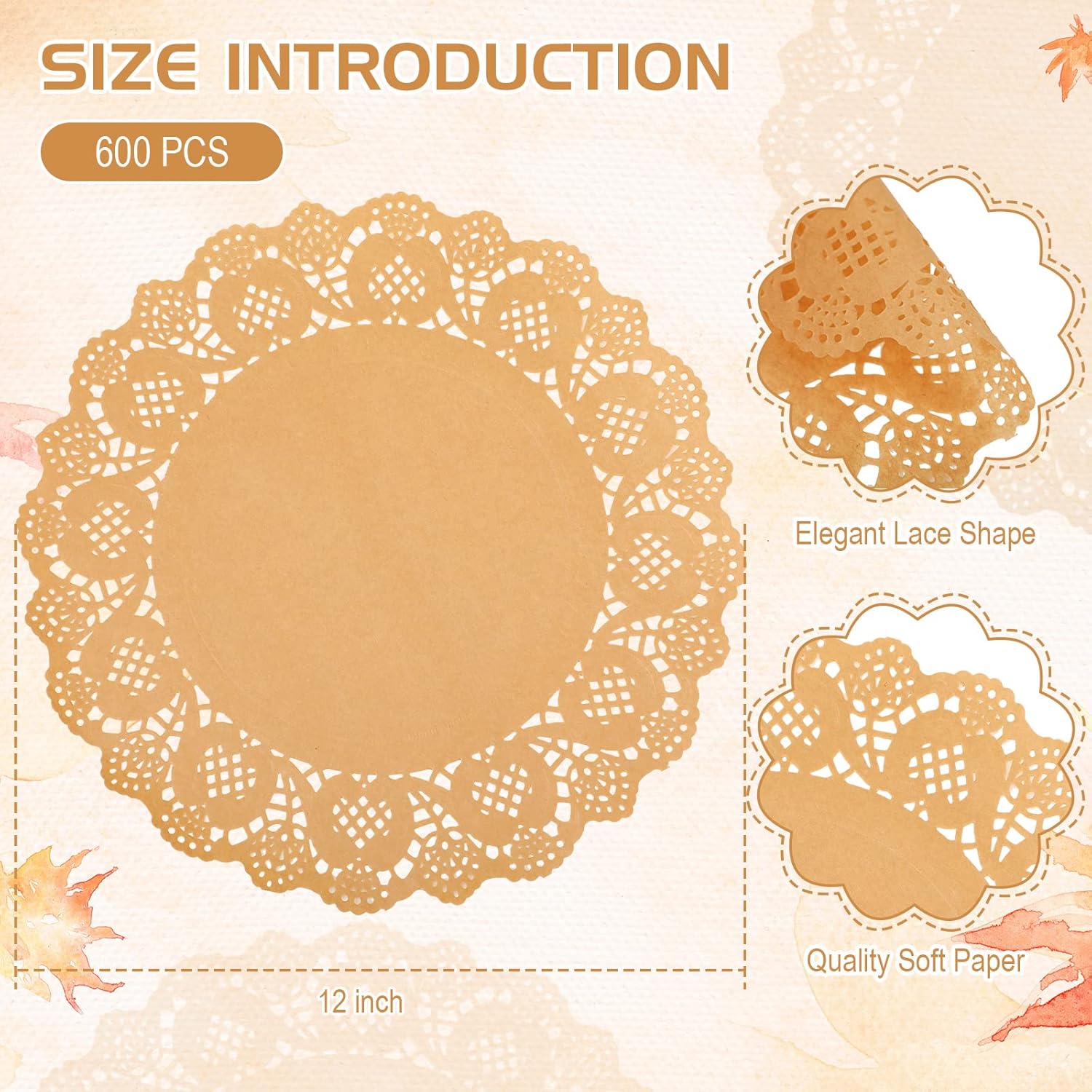 600 Pcs Round Kraft Paper Doilies, 12 Inch Disposable Lace Kraft Paper Placemats, Rustic Scallop Doily Table Pads for Wedding, Birthday Party, Food, Cakes, Oil-Proof, Reusable Tableware Decor(Brown)