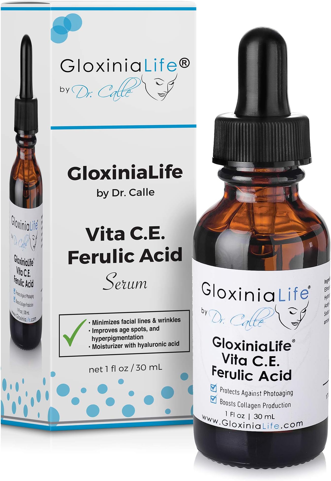 GloxiniaLife by Dr. Calle Vita C. E. Ferulic Acid- High Potency Vitamin C & E Serum for Face and Eyes for Men and Women- Stimulates Facial Skin Collagen, Anti Aging, Brightening, Antioxidant, 1 oz