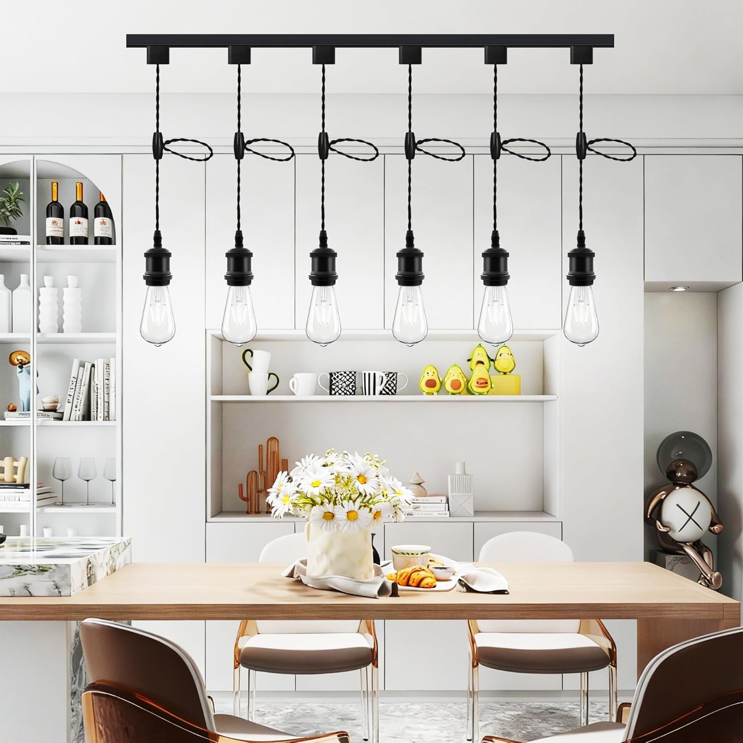 Universal H-Type Pendant Track Lights Kit with 6 Bulbs,6-Pack Black Track-Mounted Hanging Fixtures 4000K Natural Light Bulbs, E26 Socket for Kitchen Island and Dining Room