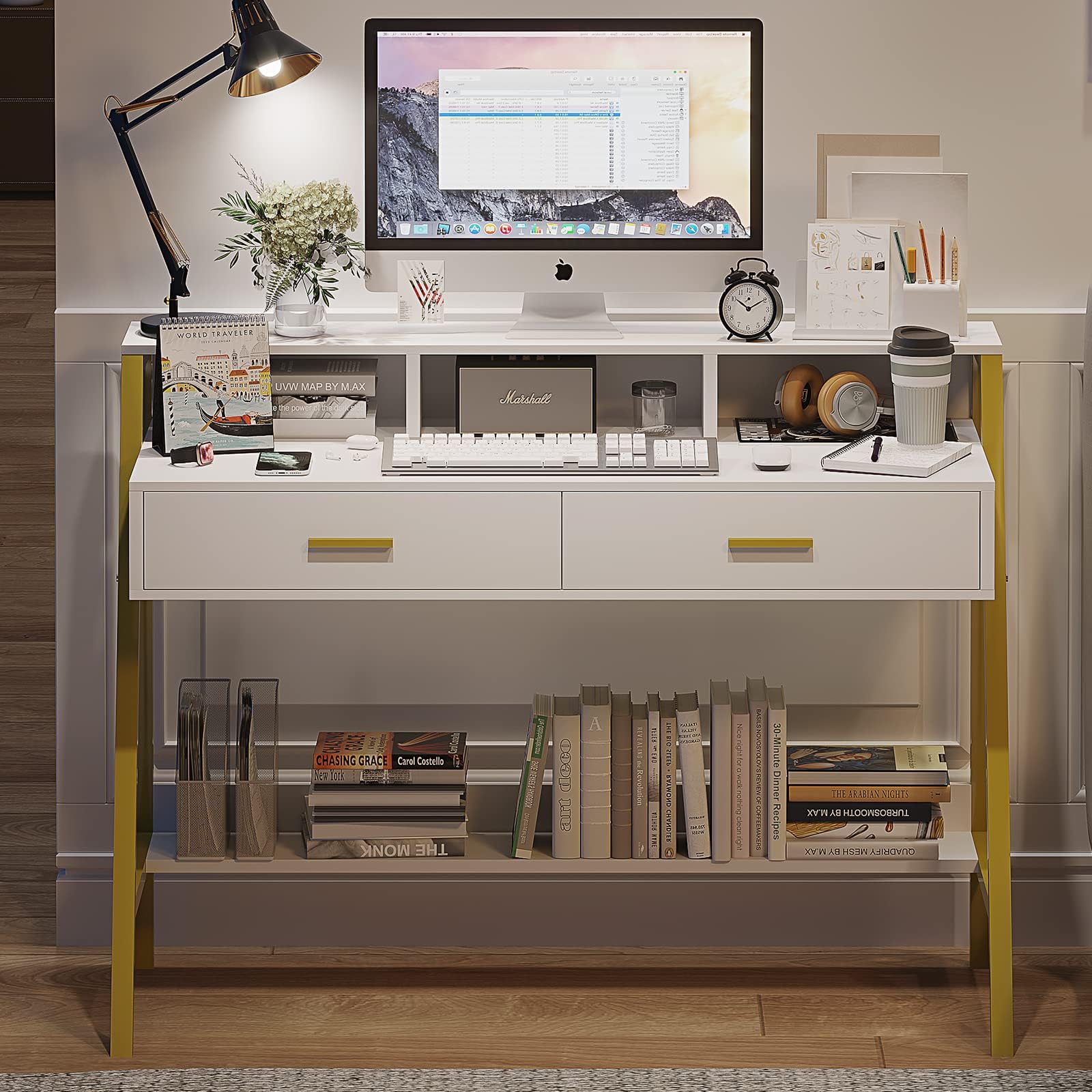 Tiptiper Computer Desk with Drawers, Hutch & Moniter Stand, Home Office Writing Desk Workstation Table with Bookshelf, for Work & Study, White and Gold