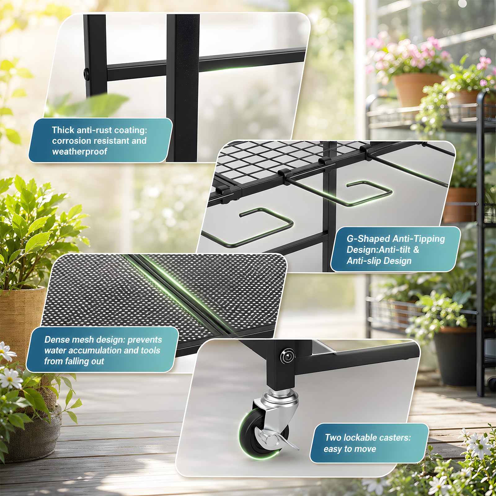 Soporte de almacenamiento para herramientas de jardín, 61 x 41 x 66 mm, soporte para herramientas de jardín para 78 herramientas de mango largo, gestión de garaje con 11 ganchos y ruedas
