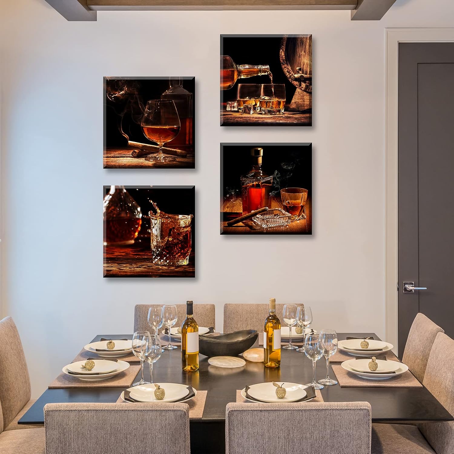 Kitchen Wall Art Wine Retro Artwork Decor Whisky Pictures Canvas Print Painting for Dining Room Bar Decorations Accessories 12"X12"X4 Framed 12"Wx12"Hx4 orange-01