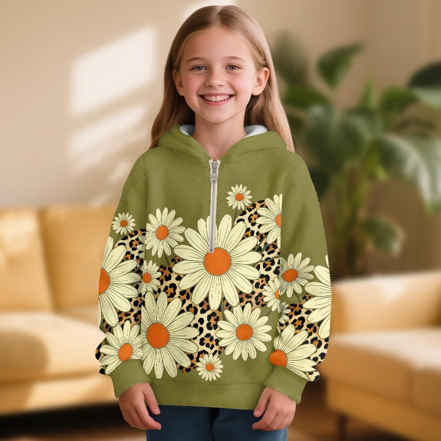 AmzPrint Girls Graphic Half Zip Fleece Hoodie Long Sleeve Pullover Warm Athletic Hoodies For Kids Big Girls