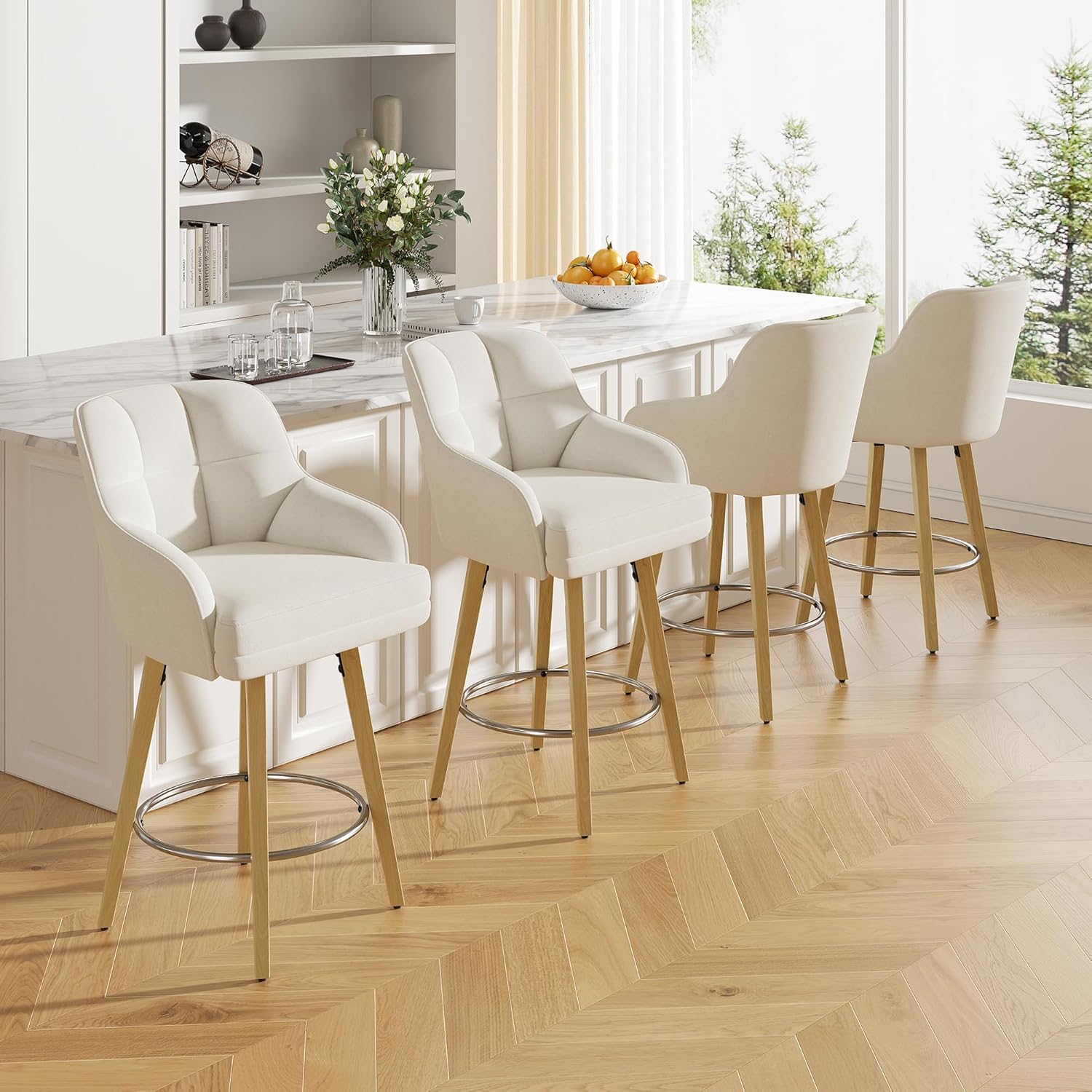 Swivel Bar Stools with Fabric Backs 26" Counter Height Bar Stools Set of 4 Fabric Upholstered Counter Barstools with Solid Wood Legs for Modern Kitchen Island Home Bar Beige Set of 4