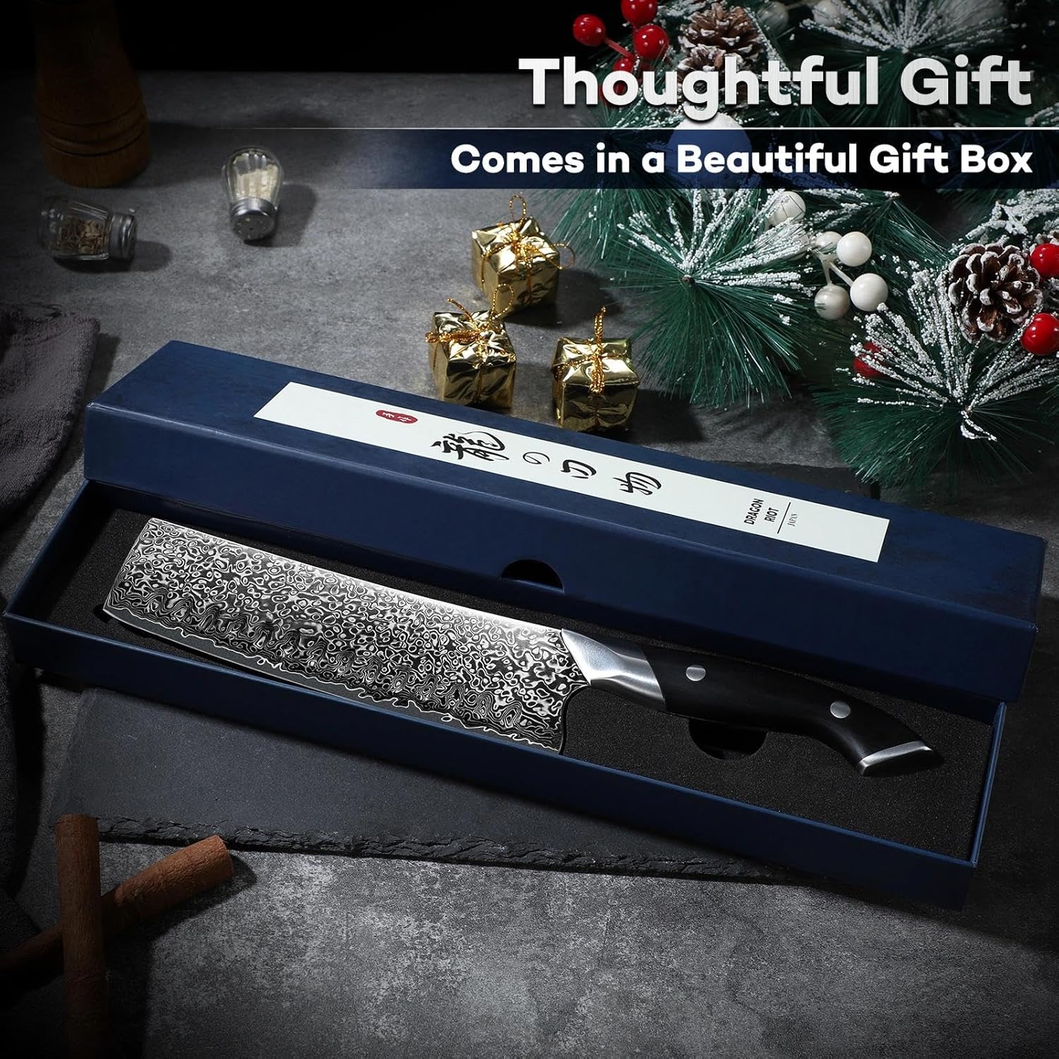 DRAGON RIOT Japanese Nakiri Knife, Damascus VG10 Meat and Vegetable Cleaver Knife, Ergonomic Wooden Handle, Elegant Gift Box for Men and Women
