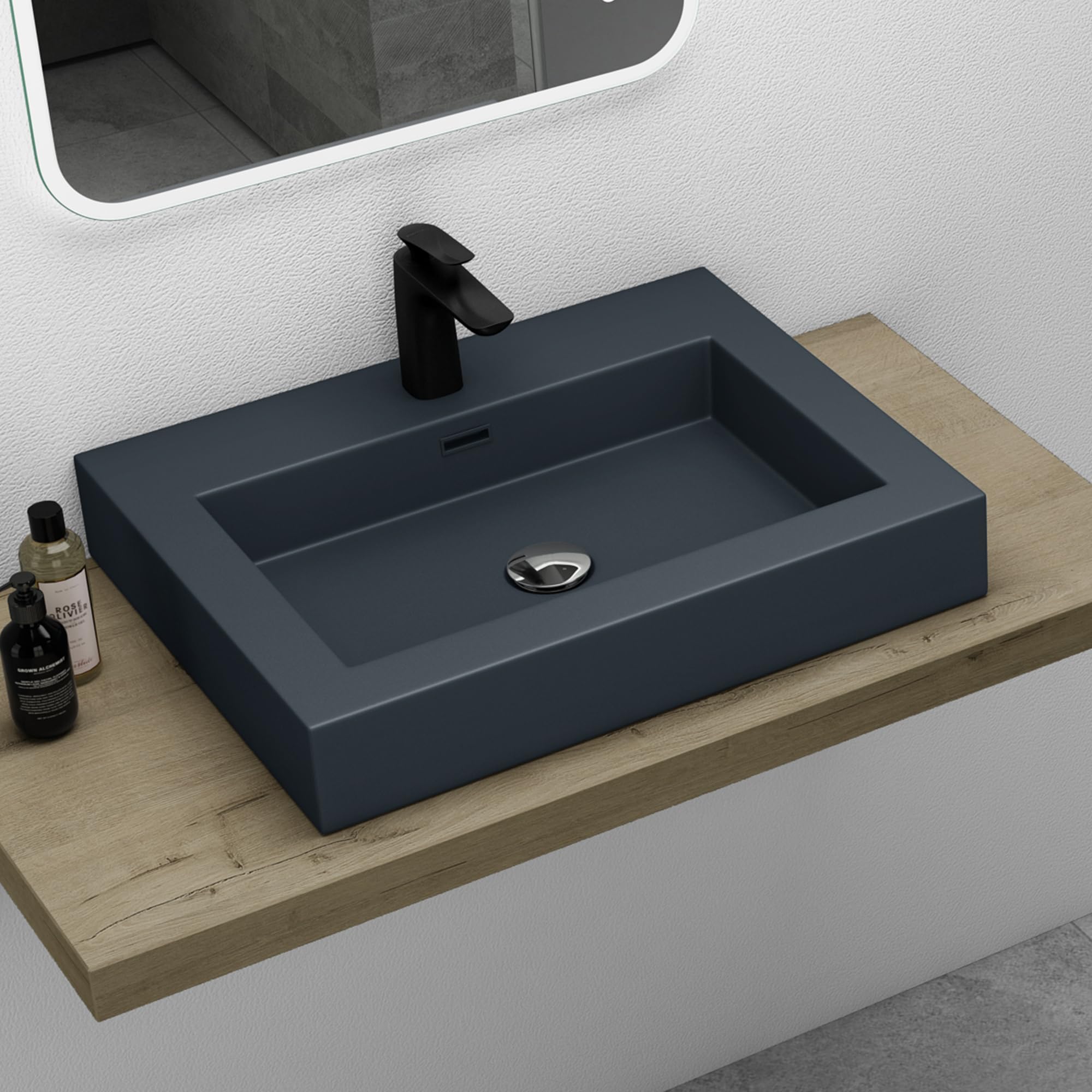 Mai & Mai Lavabo sobre Encimera Baño | Rectangular | Antracita Mate | Mármol Fundido | 60x48x12cm | con Rebosadero y Orificio para Grifo | Colossum18