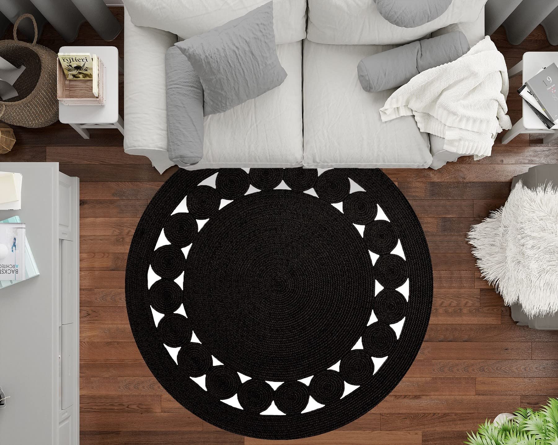 MANI TEXTILE LEYLIM - Alfombra Redonda (90 x 90 cm), Color Negro y Blanco
