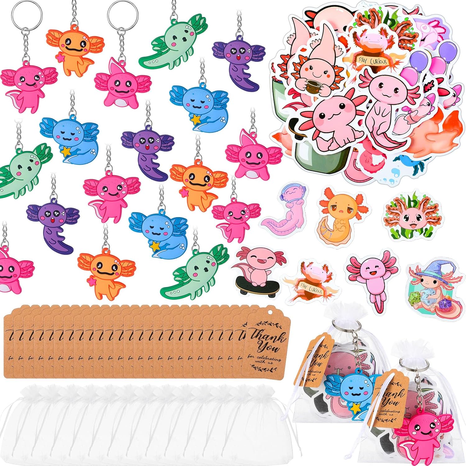 Huquary Axolotl Party Favors Include Keychain Stickers Tags and Organza Bags Axolotl Goodie Gift Bags Stuffers Birthday Party Decorations Supplies