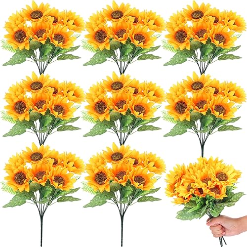 Yuxung 8 ramos de girasoles falsos, flores artificiales de 11.8 pulgadas con tallos para baby shower, fiesta de cumpleaños, hogar, cocina,