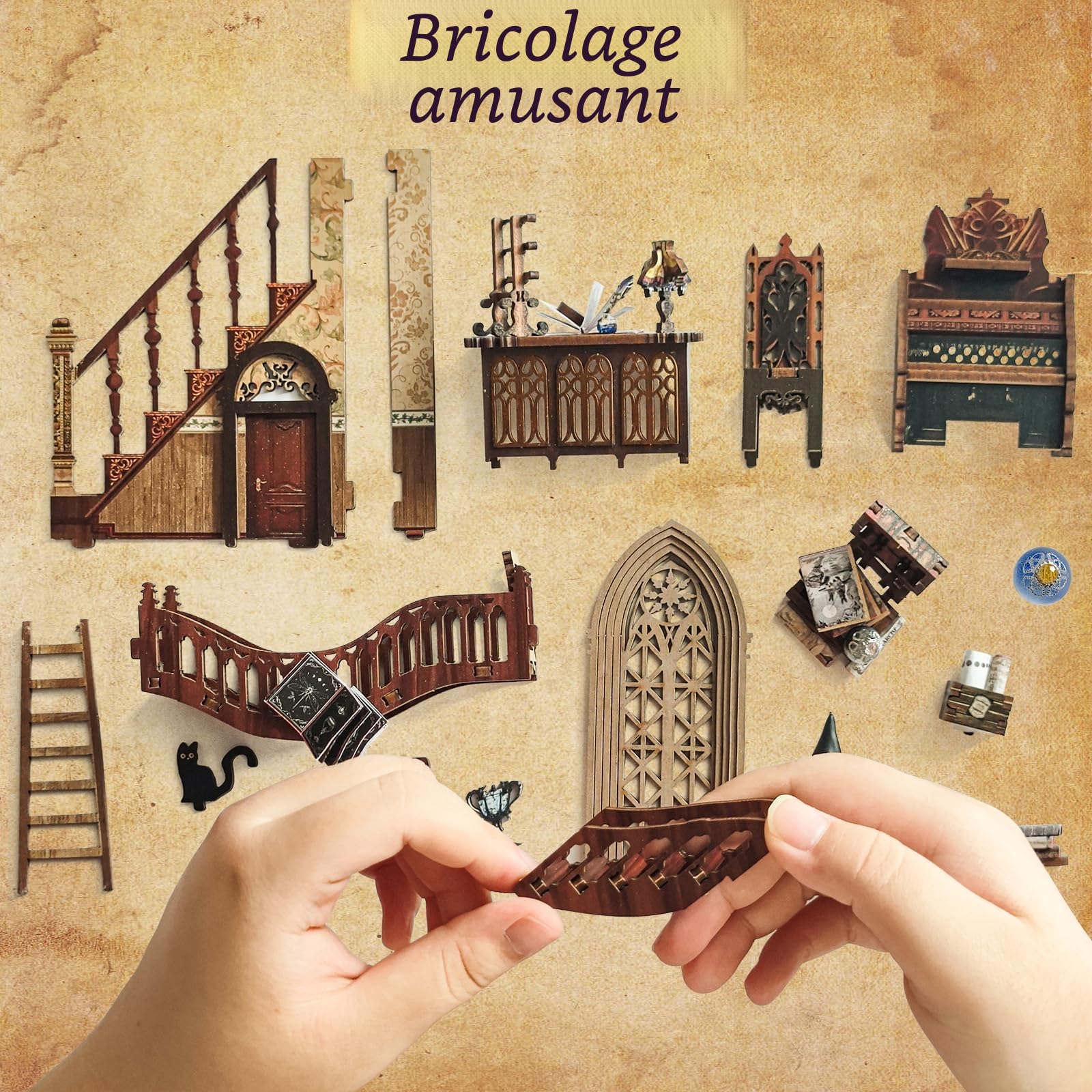 DIY Book Nook, Miniature a Construire avec Lampes LED Livres Maison de Puzzles 3D kit de Puzzles Maquette en Bois a Construire avec Meublé pour Décoration de la Bibliothèque et Cadeaux C