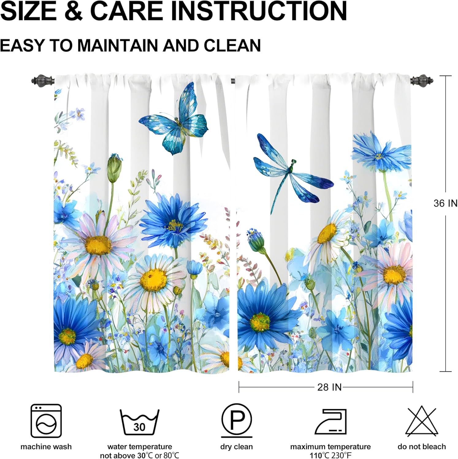 Worltoldb Spring Floral Kitchen Curtains Cafe Curtains for Bathroom Dining Room Living Room Pocket Window Drapes 2 Panels Set 28"x36"