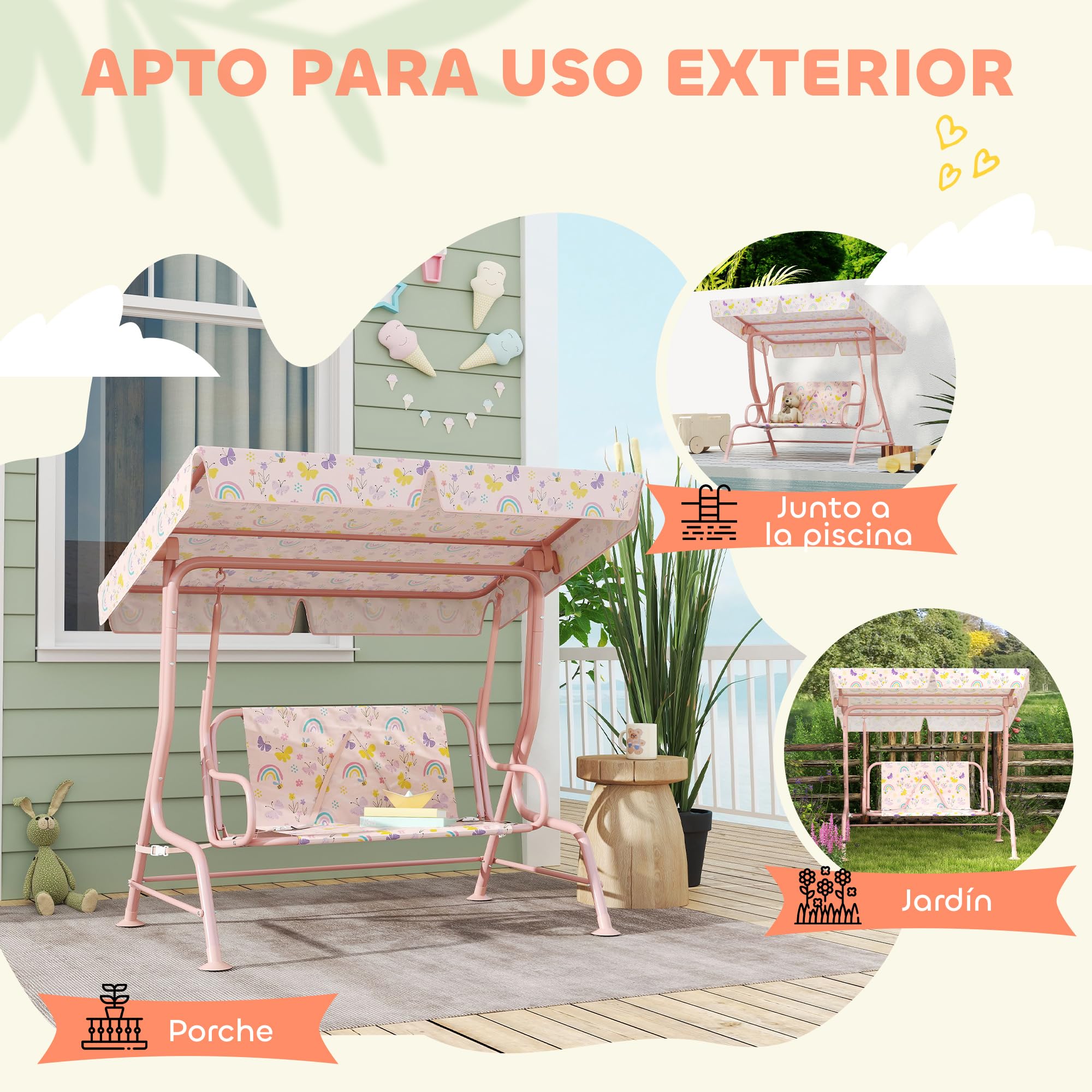 AIYAPLAY Balancelle de jardin extérieure pour enfants de plus de 3 ans avec auvent réglable harnais de sécurité et jolis motifs 112 x 75 x 120 cm Rose