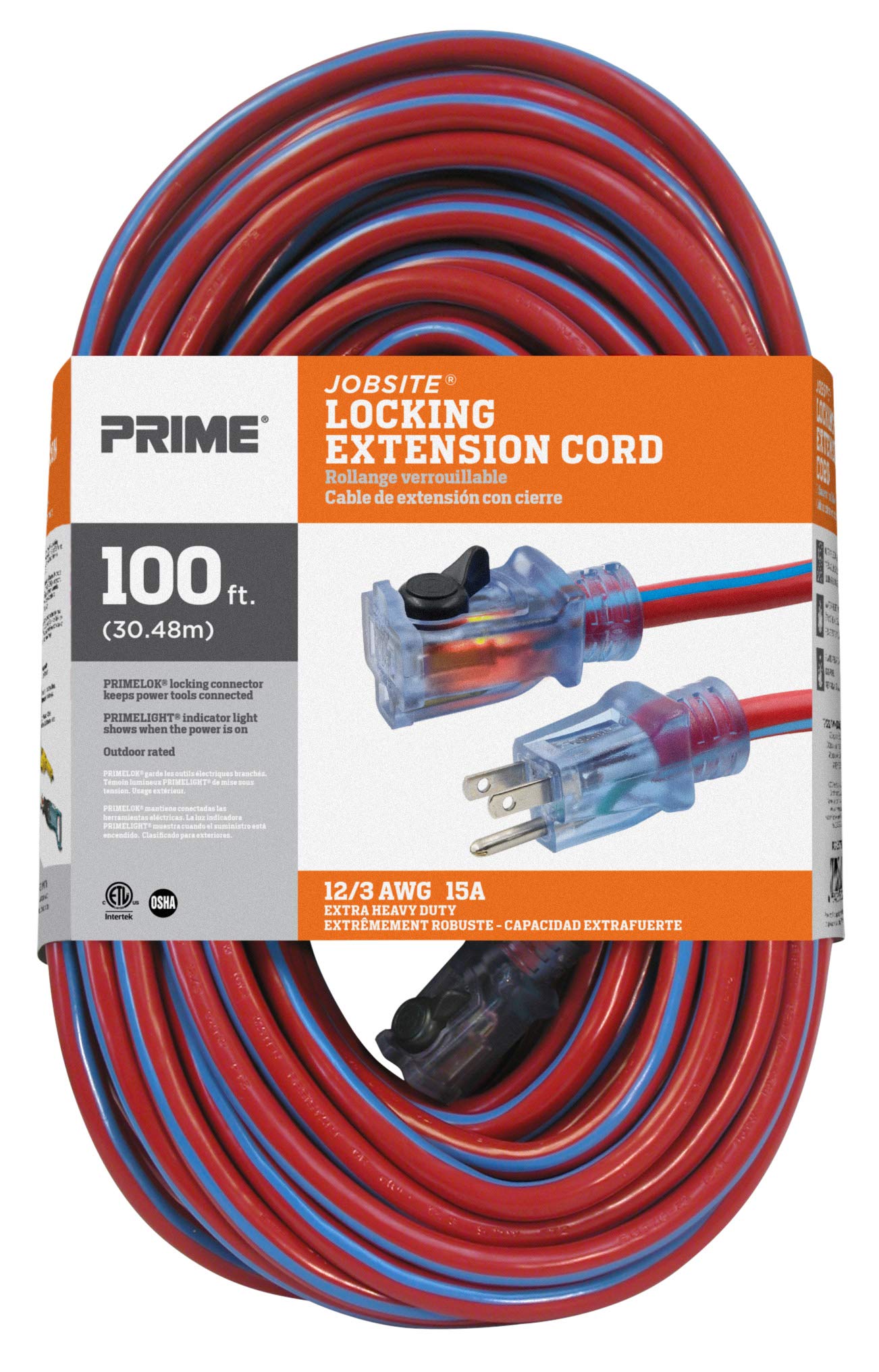 Prime KCPL507835 12/3 SJTW Locking Cord, Red and Blue, 100-Feet